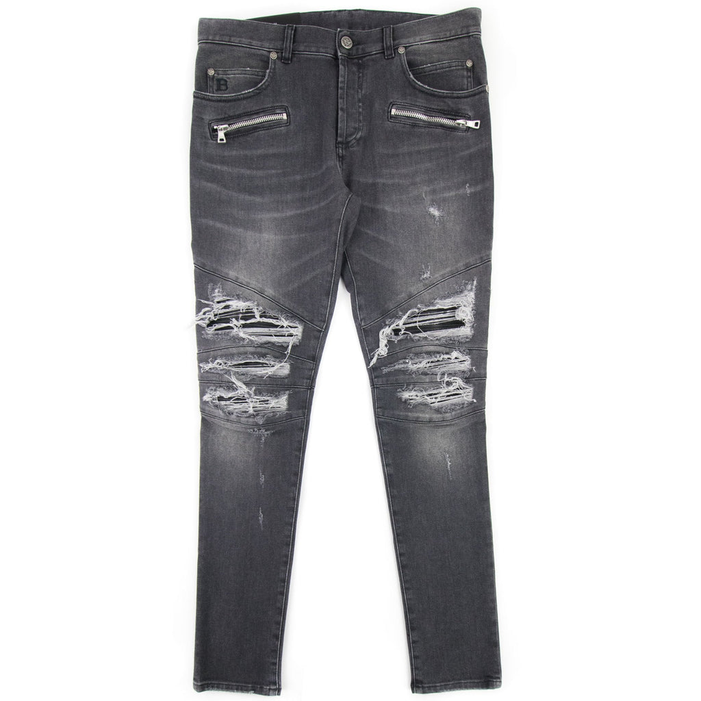 Balmain Slim Cut Ripped Black Faded Cotton Jeans Black