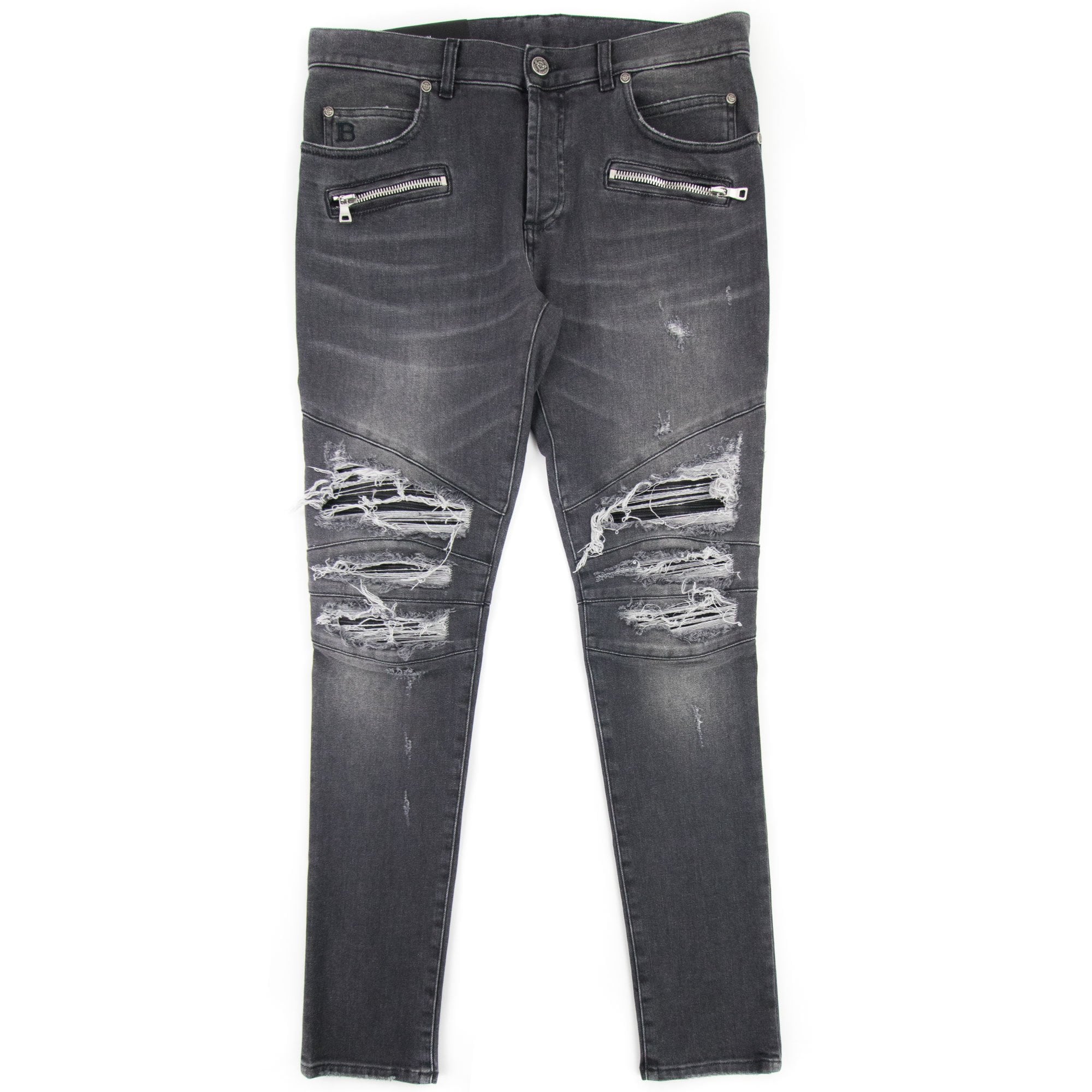Balmain Slim Cut Ripped Black Faded Cotton Jeans Black