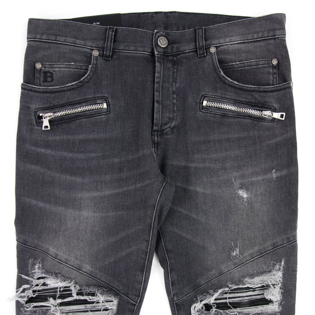 Balmain Slim Cut Ripped Black Faded Cotton Jeans Black