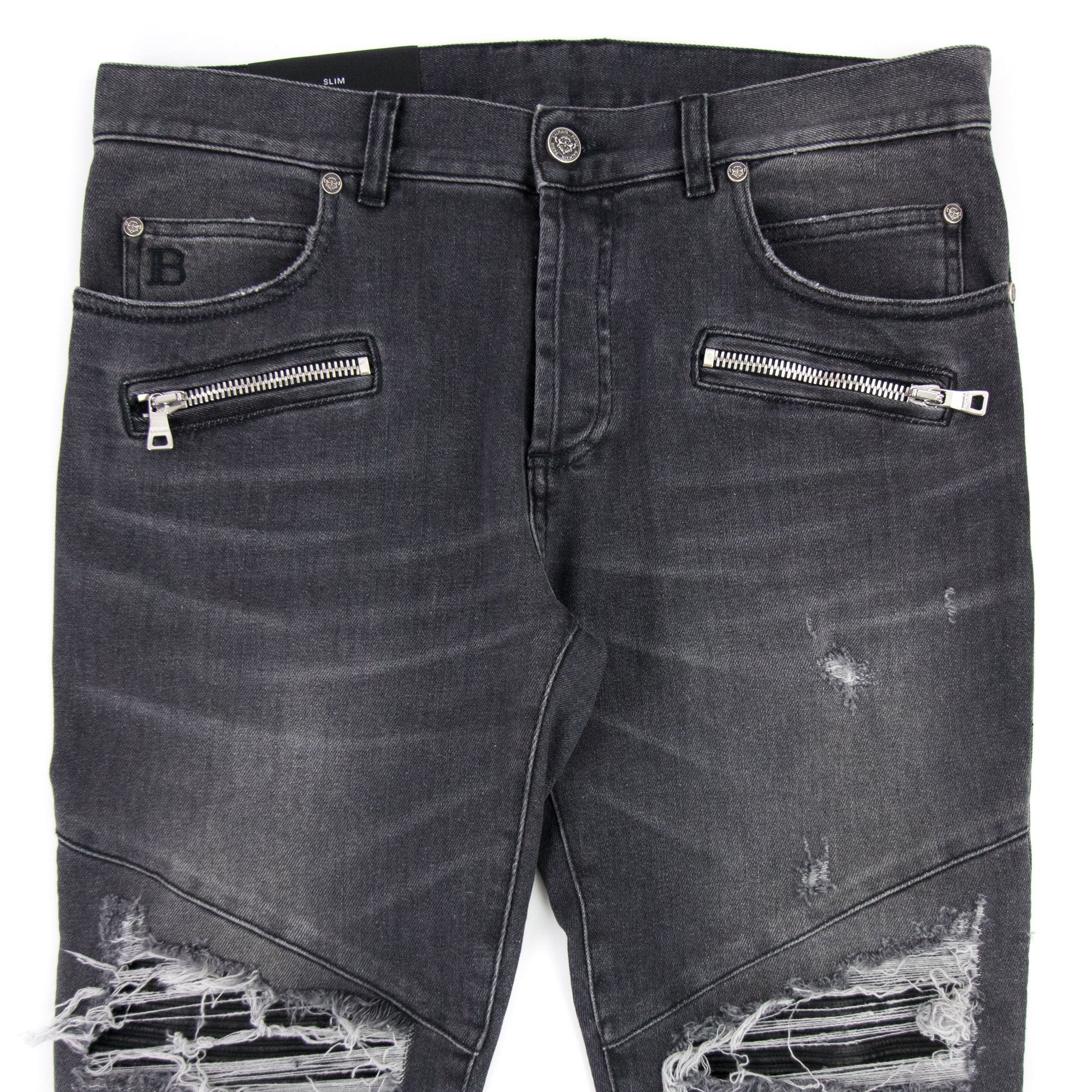 Balmain Slim Cut Ripped Black Faded Cotton Jeans Black
