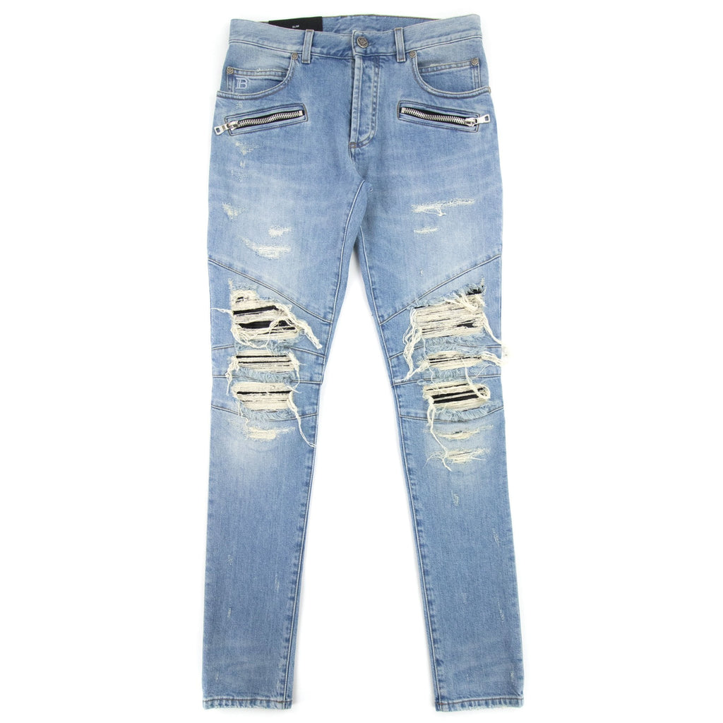 Balmain Slim Cut Ripped Cotton Jeans Denim