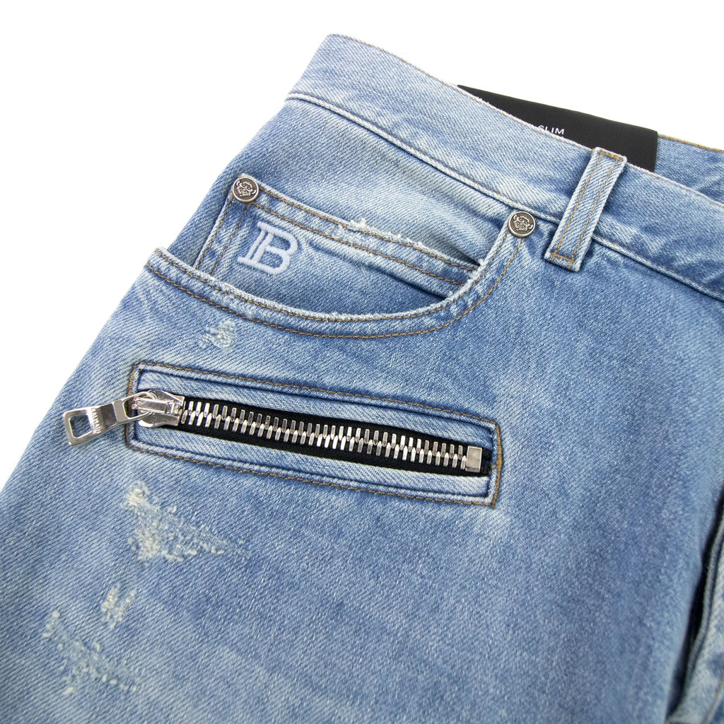 Balmain Slim Cut Ripped Cotton Jeans Denim