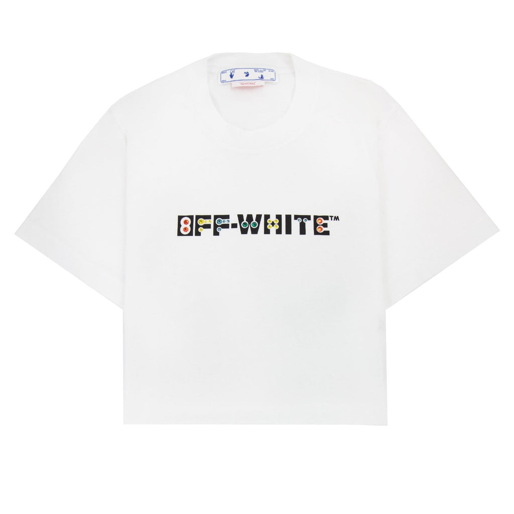 Off White Women Geometric Logo Cropped T Shirt White Multi