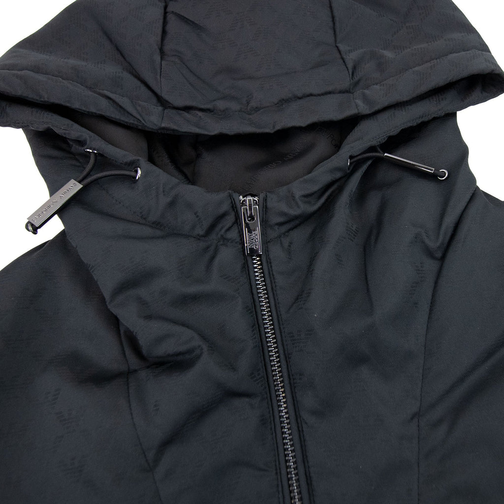 Emporio Armani Hooded Nylon Jacket With All-over Jacquard Monogram Black