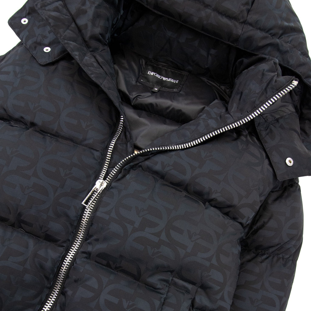 Emporio Armani Hooded Puffer Jacket In All-over Ea Jacquard Nylon Black