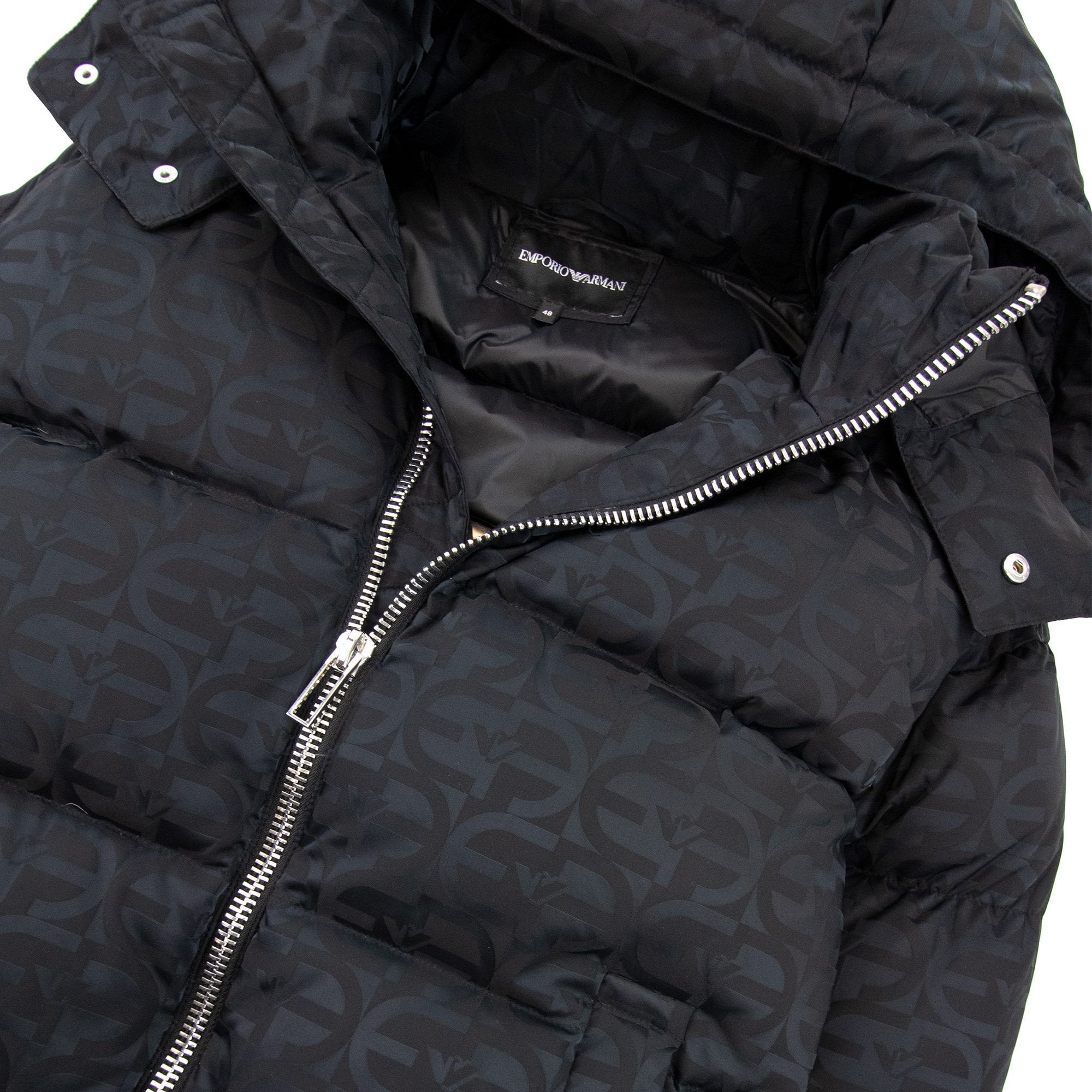Emporio Armani Hooded Puffer Jacket In All-over Ea Jacquard Nylon Black