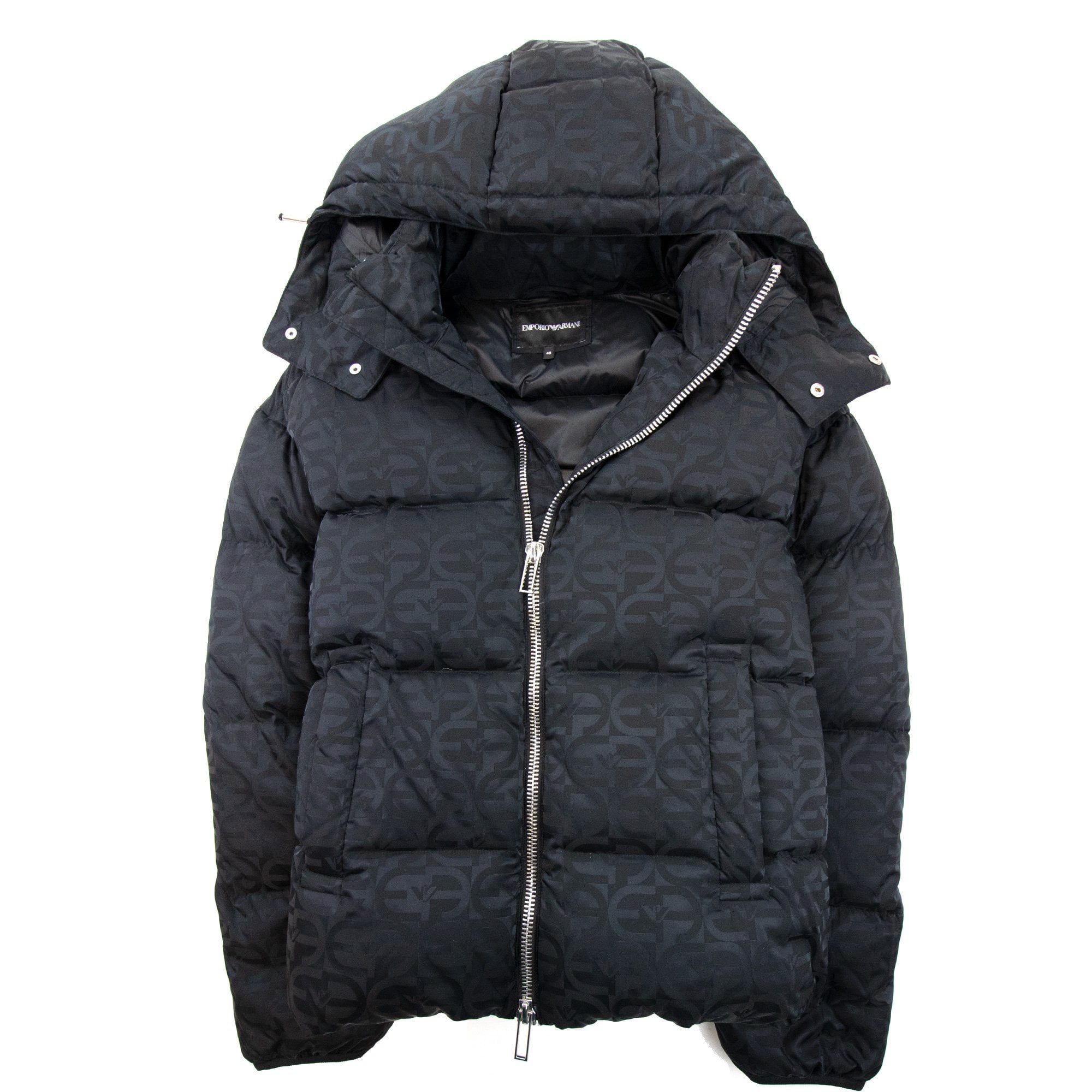 Emporio Armani Hooded Puffer Jacket In All-over Ea Jacquard Nylon Black