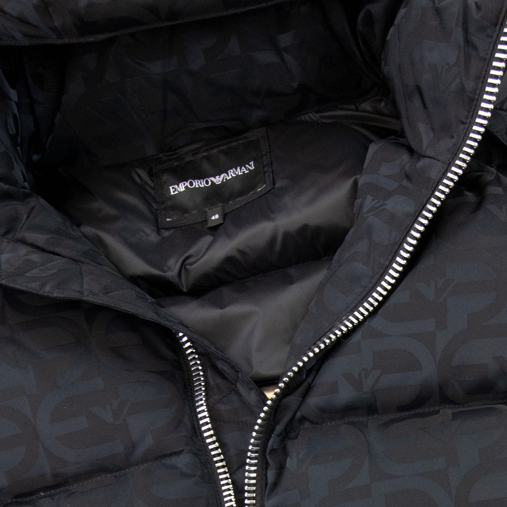 Emporio Armani Hooded Puffer Jacket In All-over Ea Jacquard Nylon Black