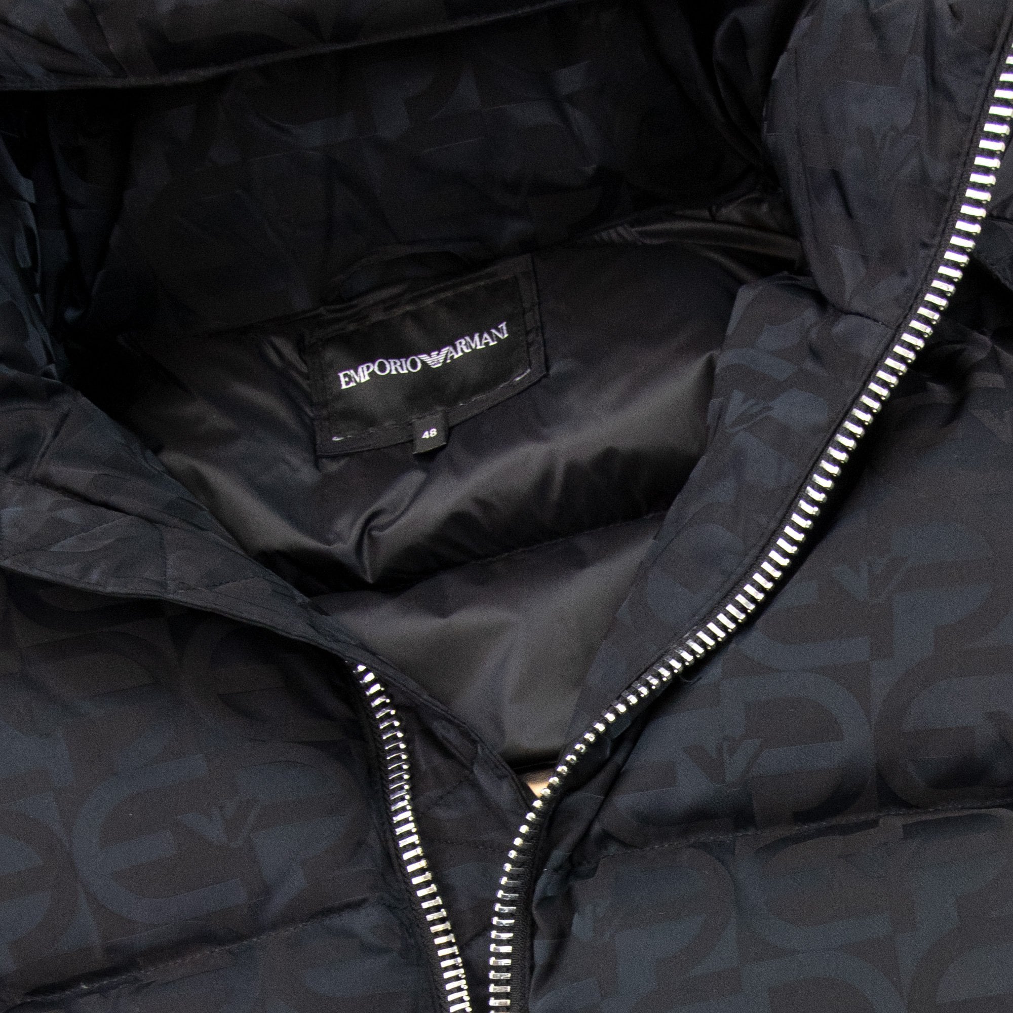 Emporio Armani Hooded Puffer Jacket In All-over Ea Jacquard Nylon Black