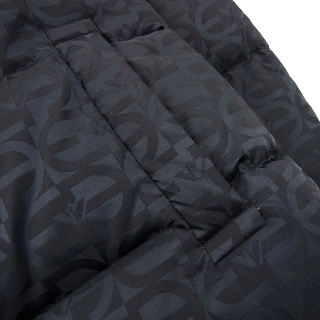 Emporio Armani Hooded Puffer Jacket In All-over Ea Jacquard Nylon Black
