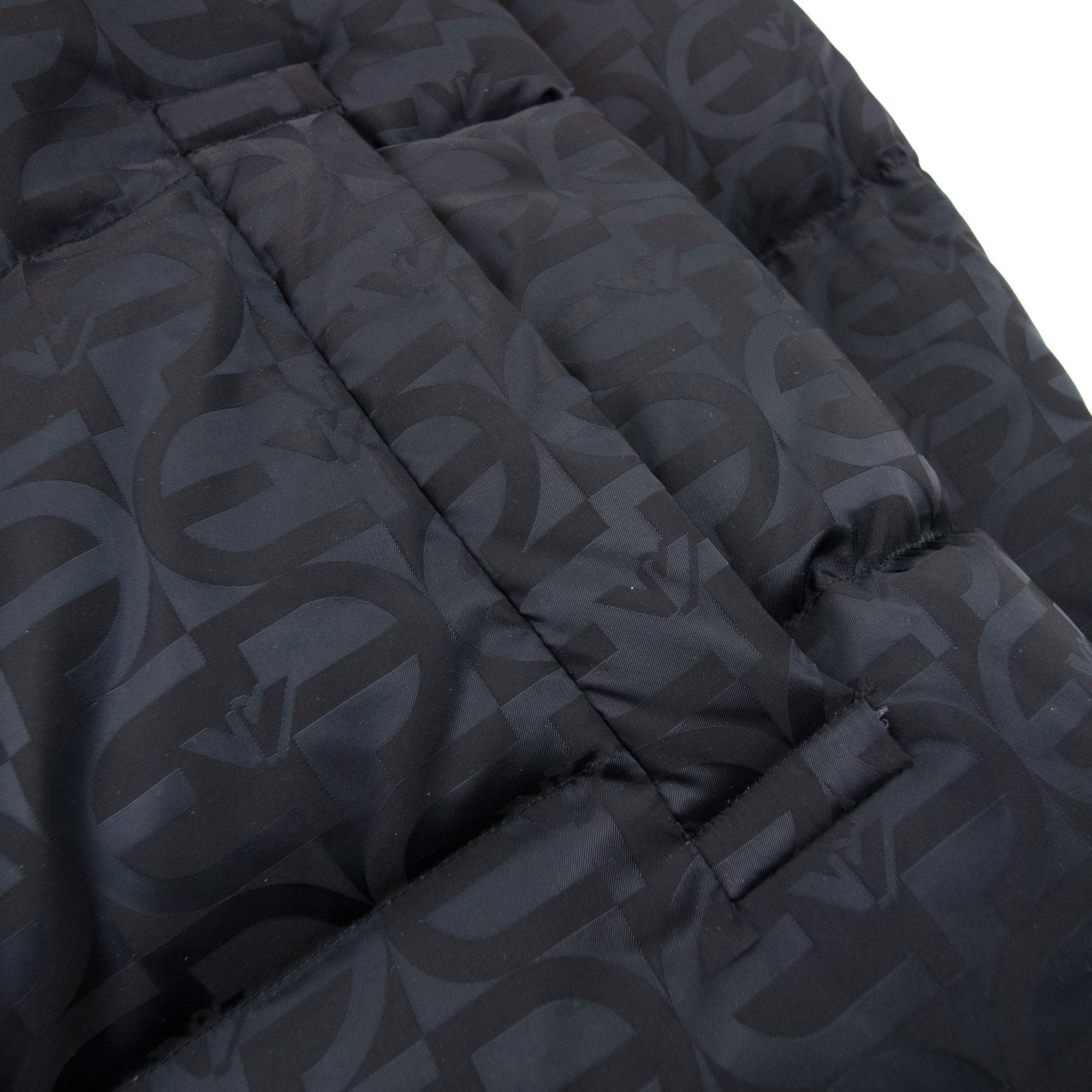 Emporio Armani Hooded Puffer Jacket In All-over Ea Jacquard Nylon Black