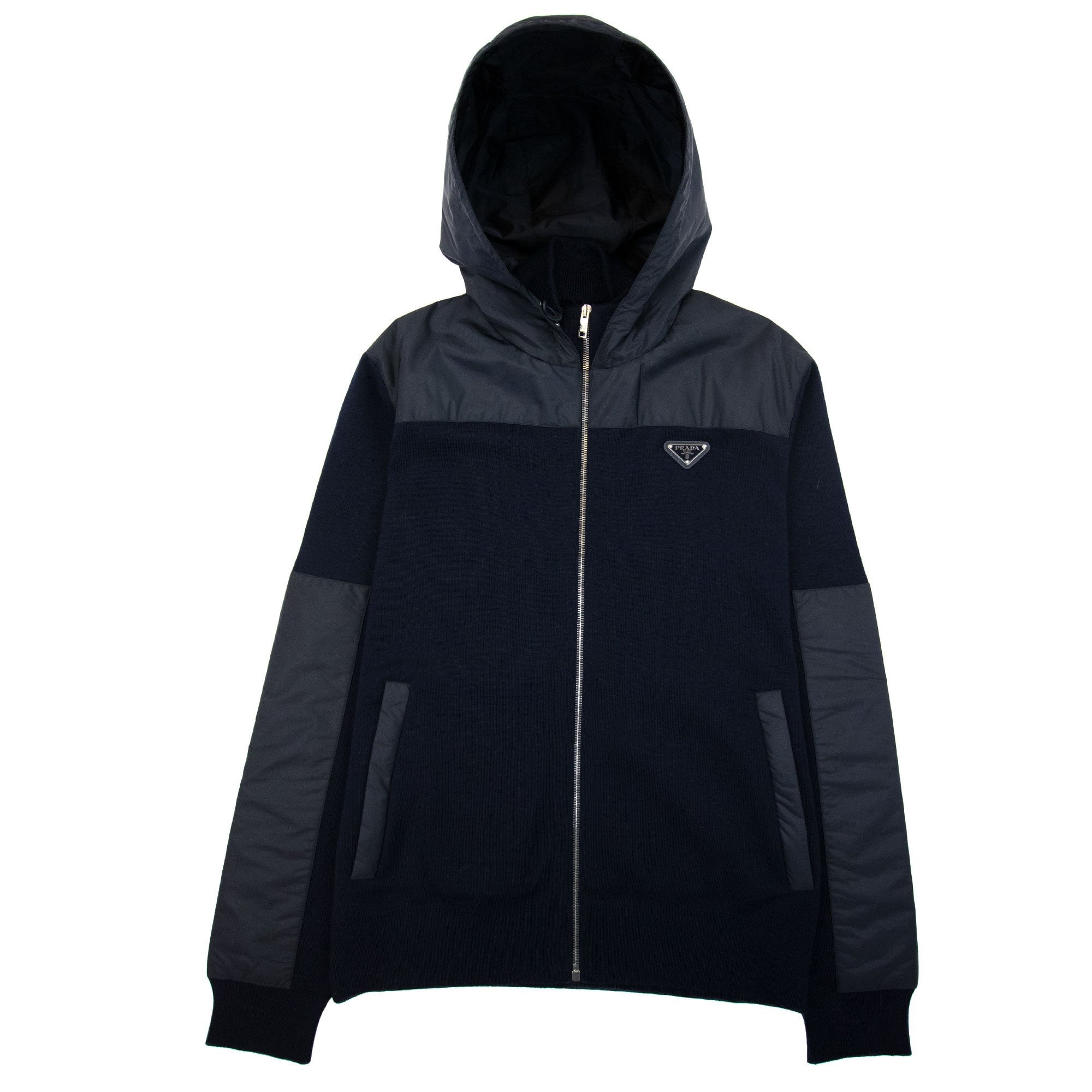 Prada Nylon + Wool Hooded Cardigan Navy