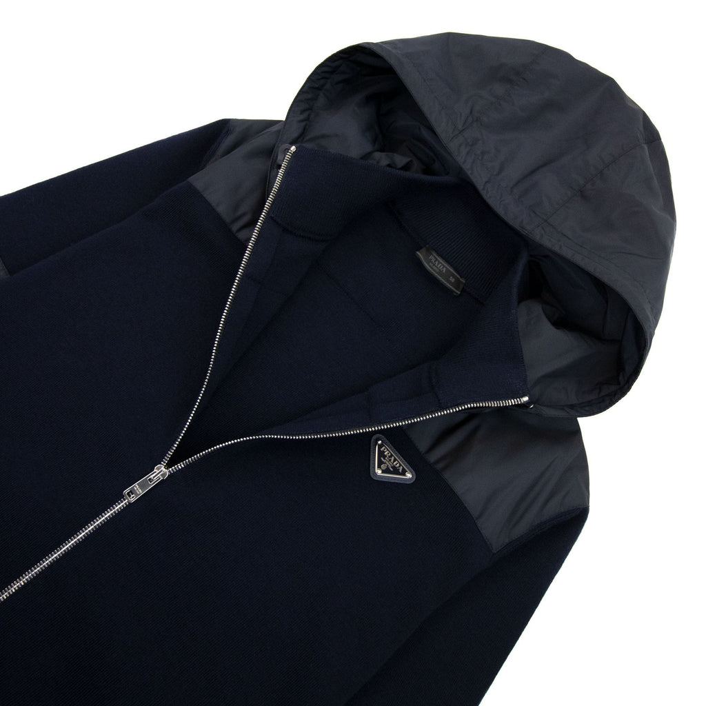 Prada Nylon + Wool Hooded Cardigan Navy