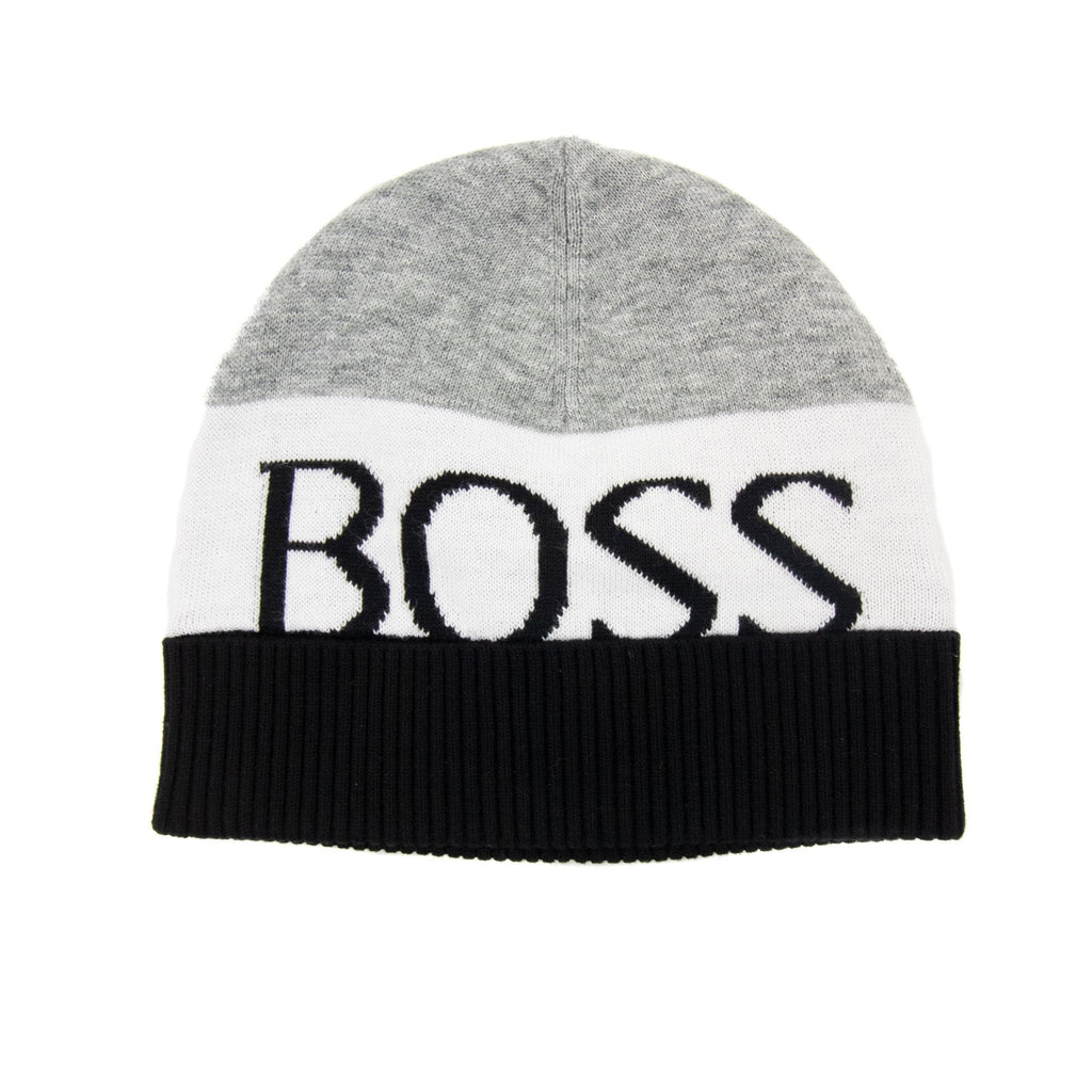Hugo Boss Kids Block Colour Logo Beanie White Grey Black