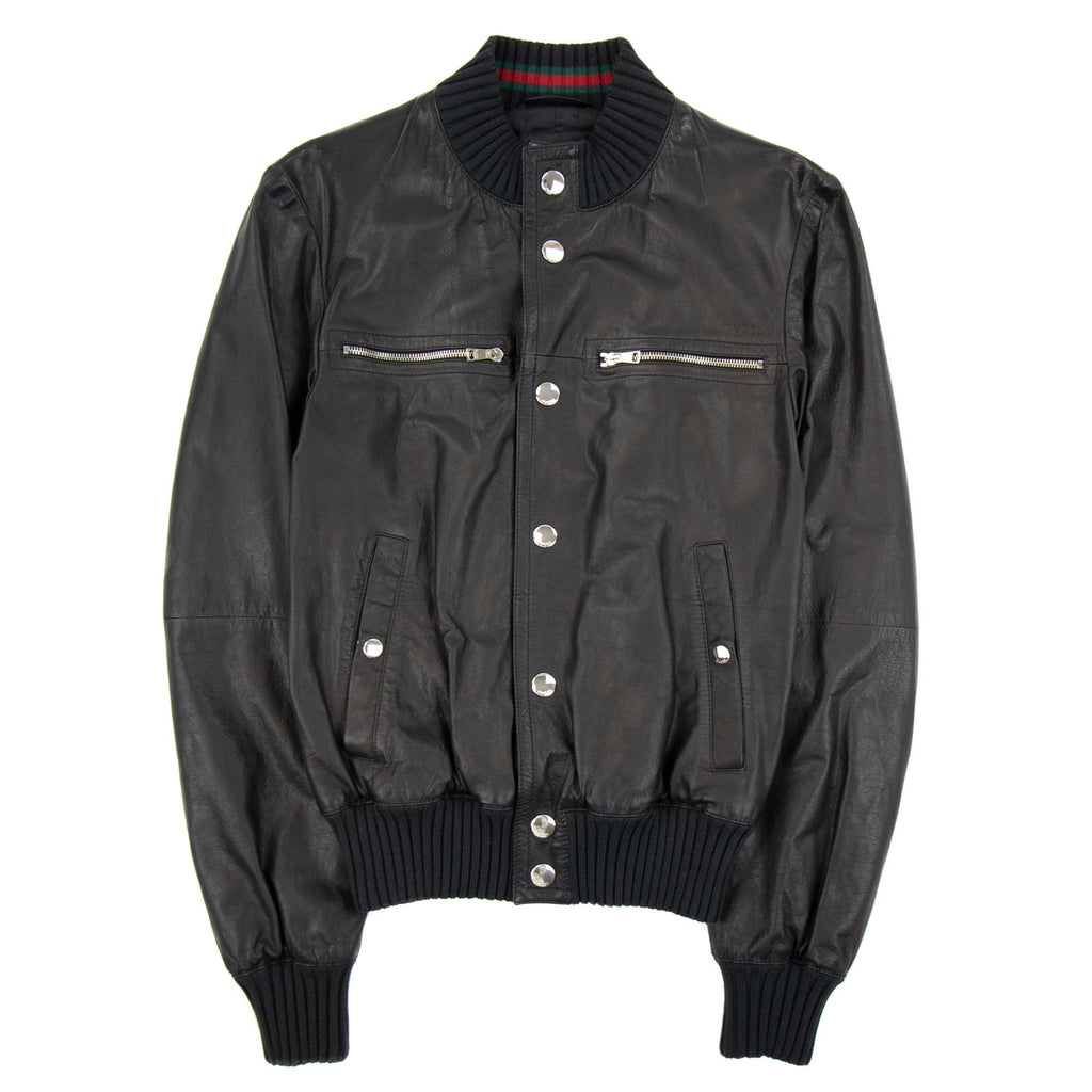 Gucci Iconic Inner Web Leather Bomber Jacket Black