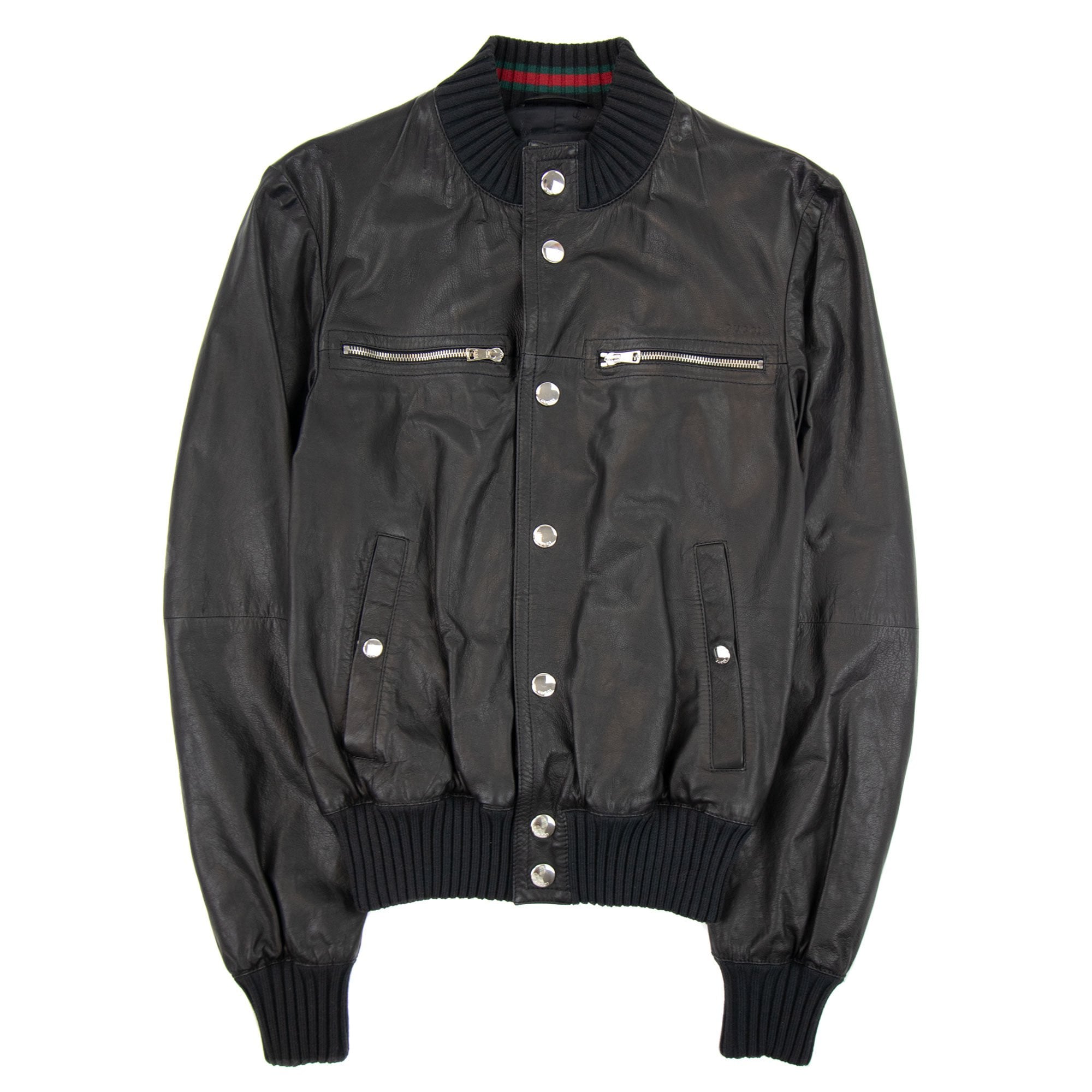 Gucci Iconic Inner Web Leather Bomber Jacket Black