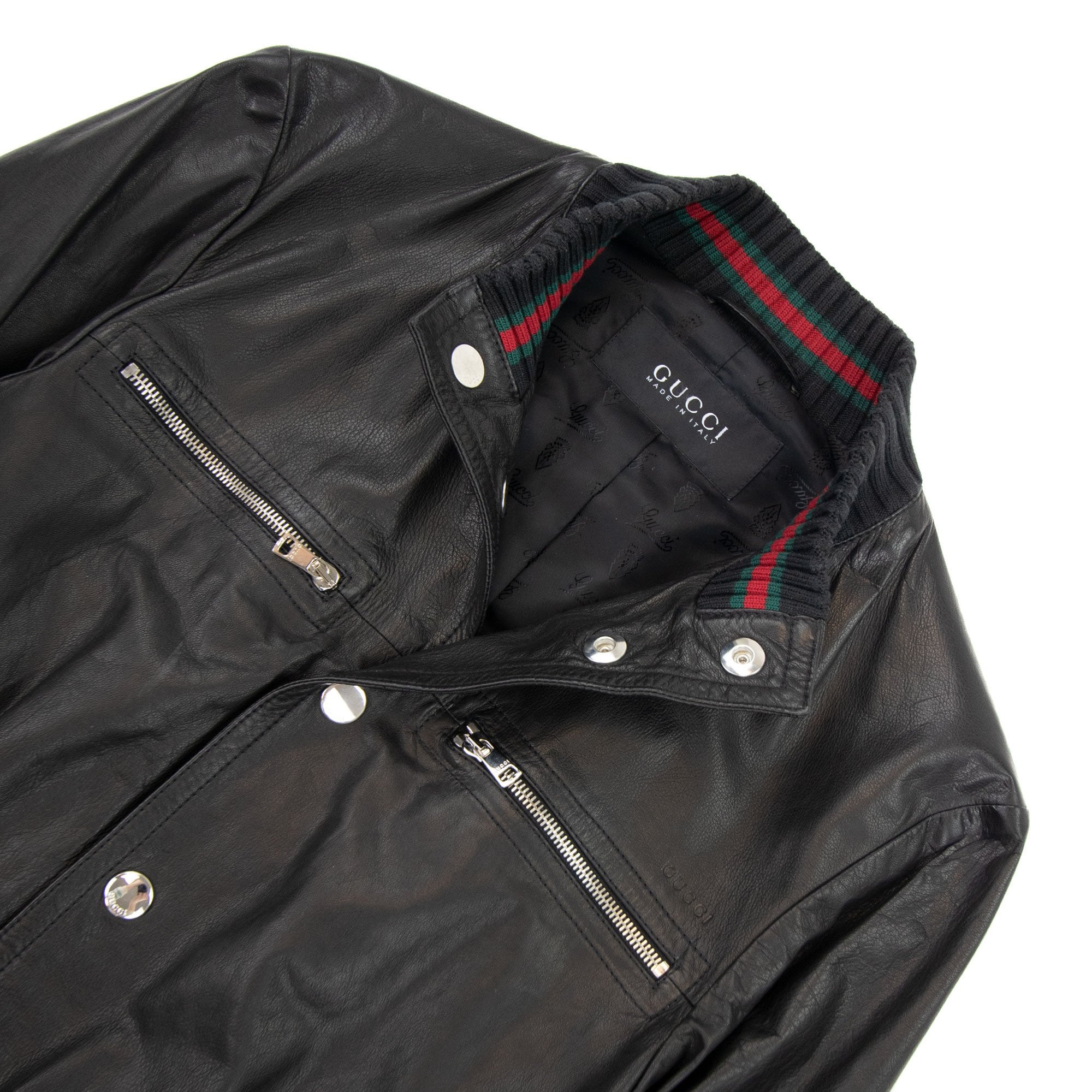 Gucci Iconic Inner Web Leather Bomber Jacket Black