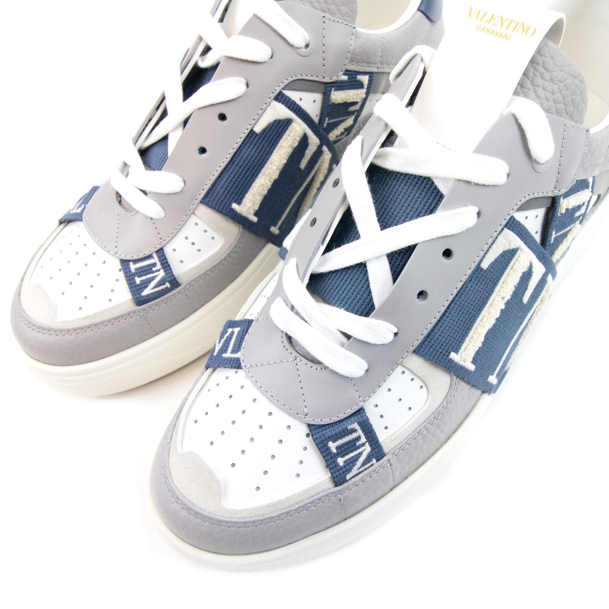 Valentino Vl7n Logo Embellished Leather Trainers Grey/blue