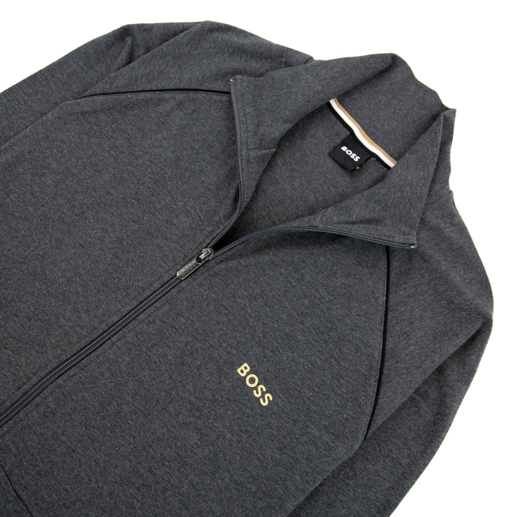 Hugo Boss Logo-embroidered Zip-up Jacket In Stretch Cotton Dark Grey 010