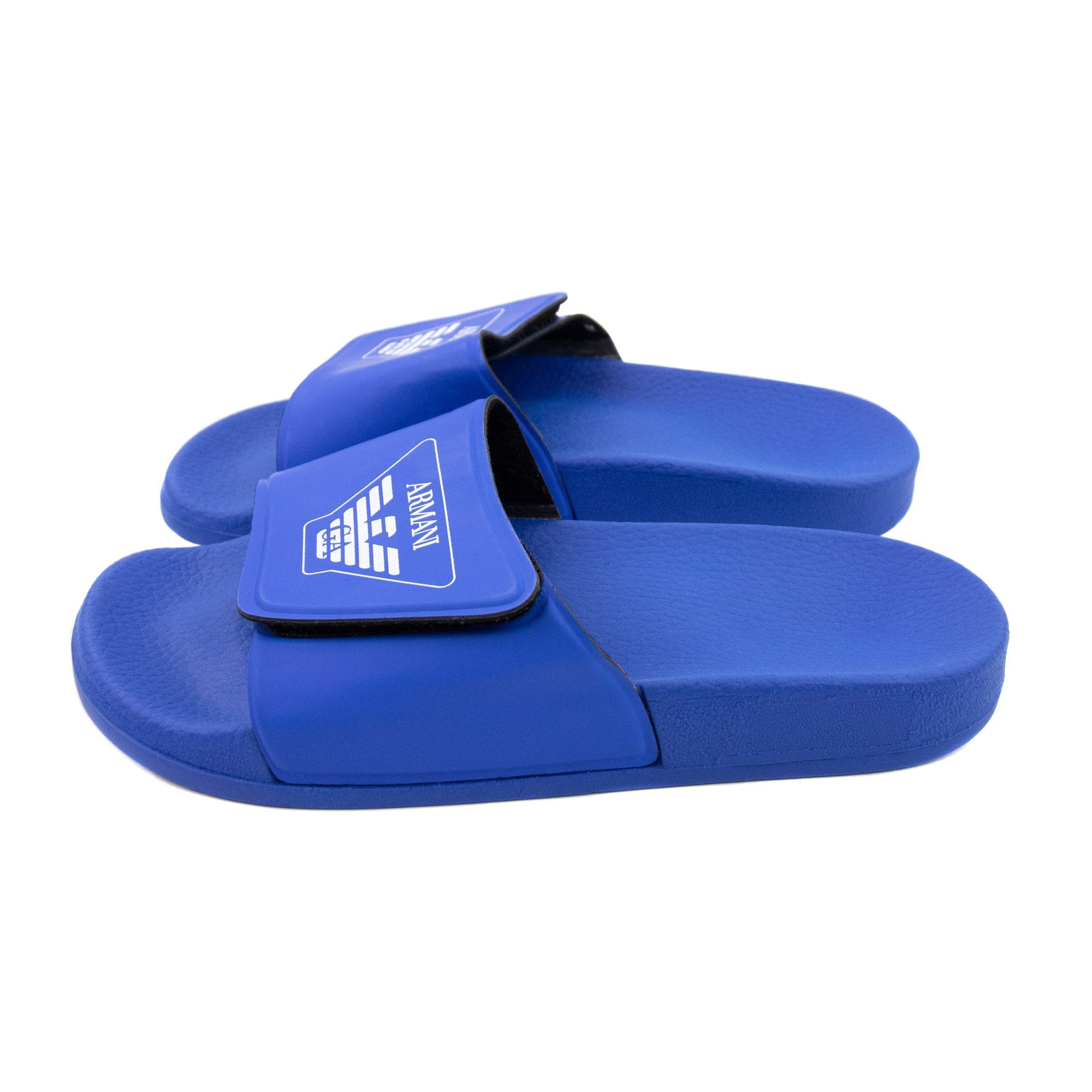 Armani Junior Logo Leather Sliders Royal Blue