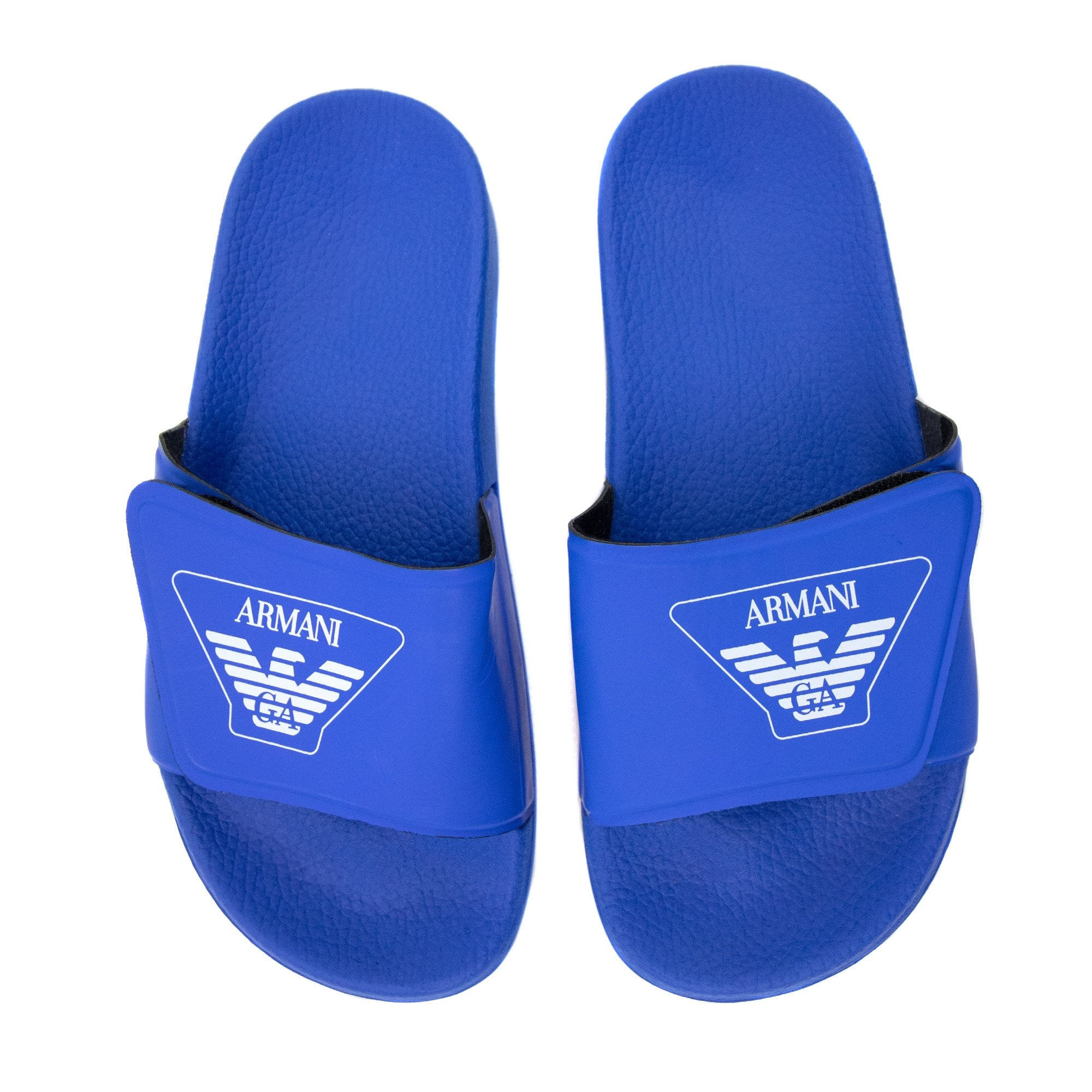 Armani Junior Logo Leather Sliders Royal Blue