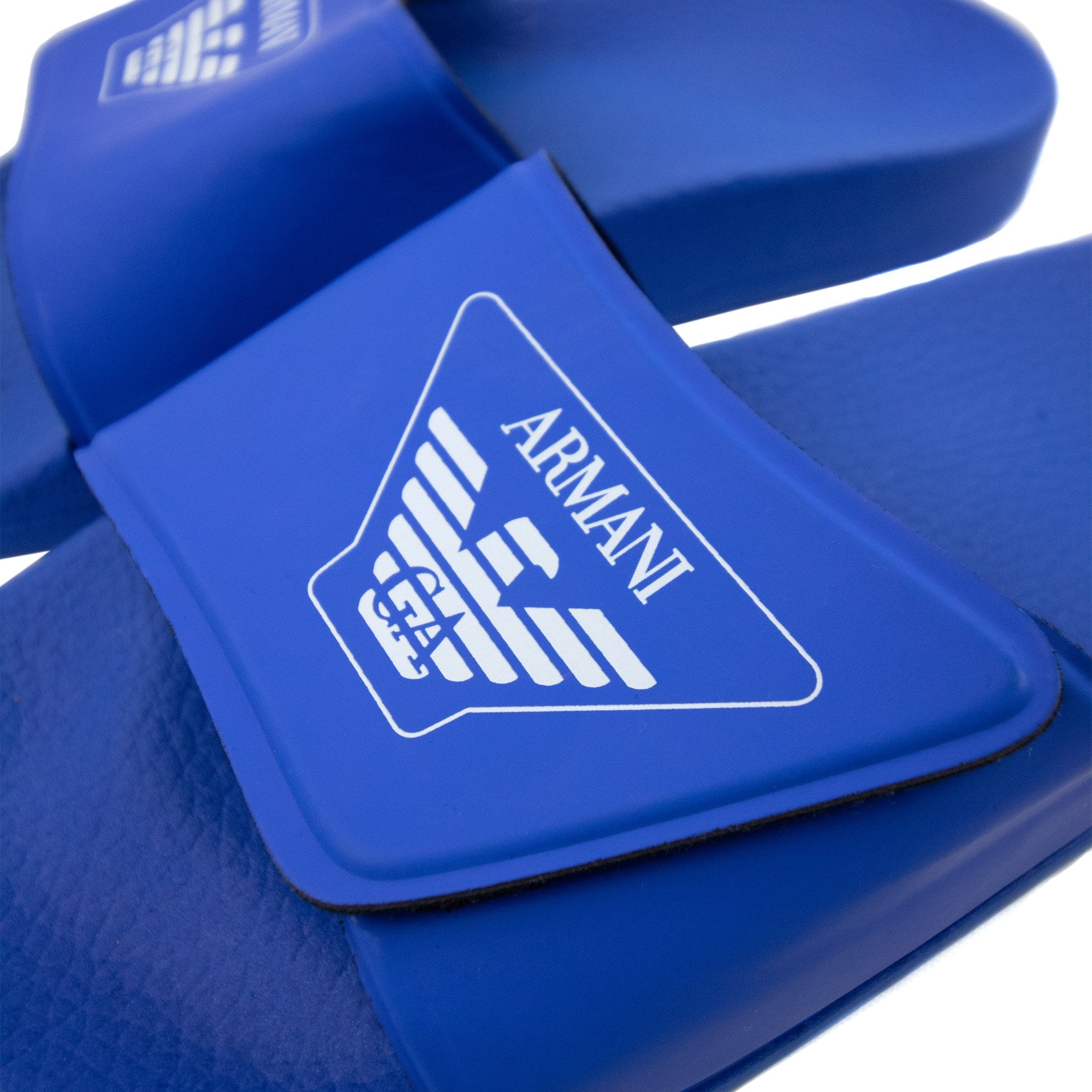 Armani Junior Logo Leather Sliders Royal Blue