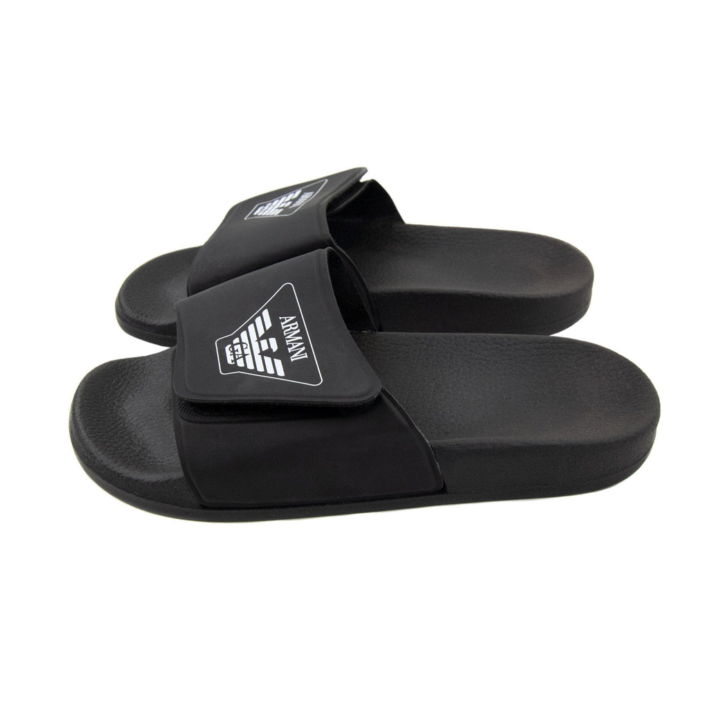 Armani Junior Logo Leather Sliders Black