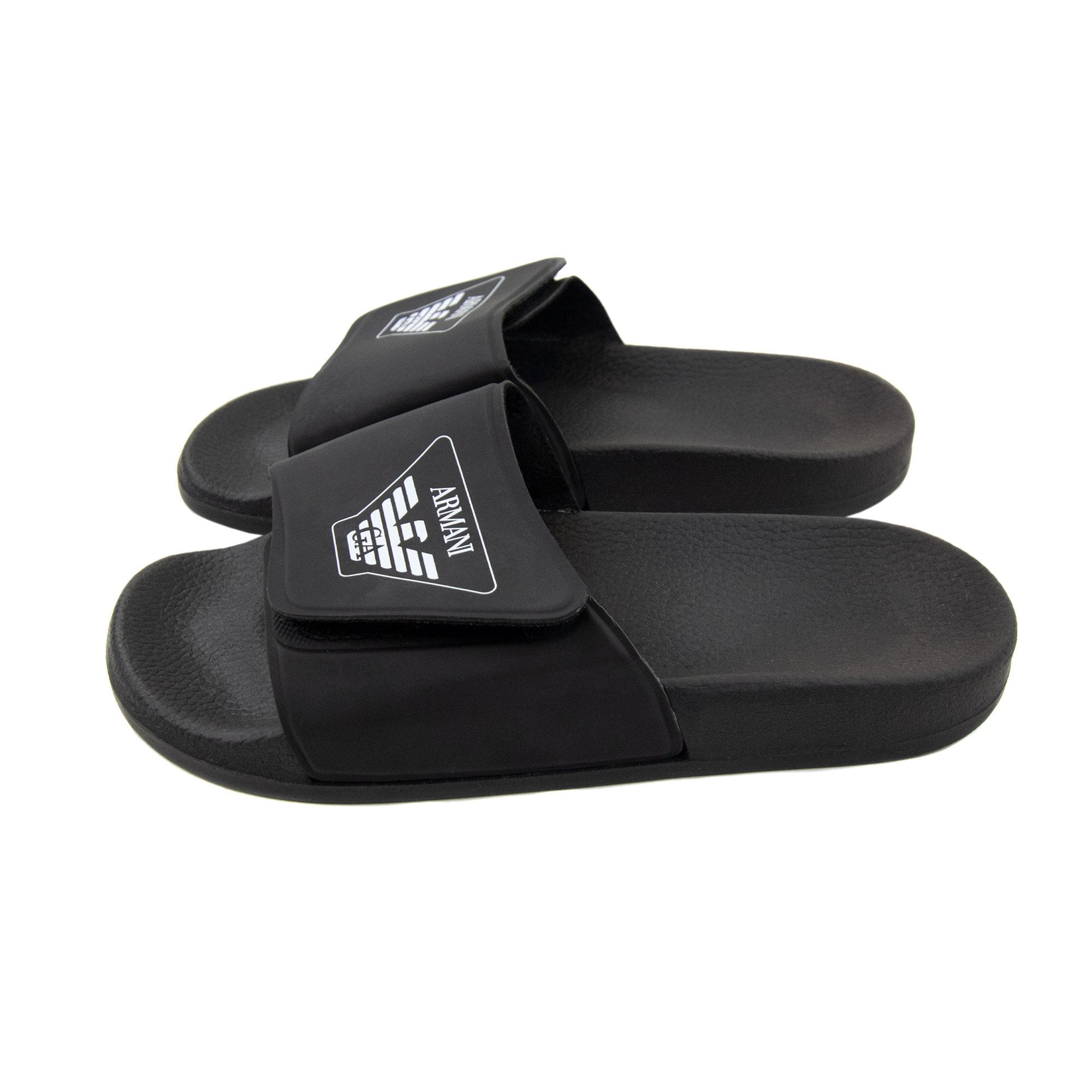 Armani Junior Logo Leather Sliders Black