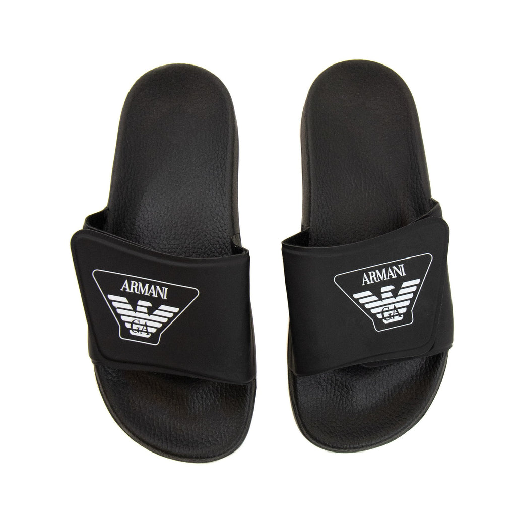Armani Junior Logo Leather Sliders Black