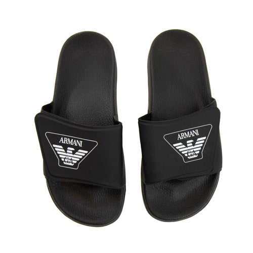 Armani Junior Logo Leather Sliders Black