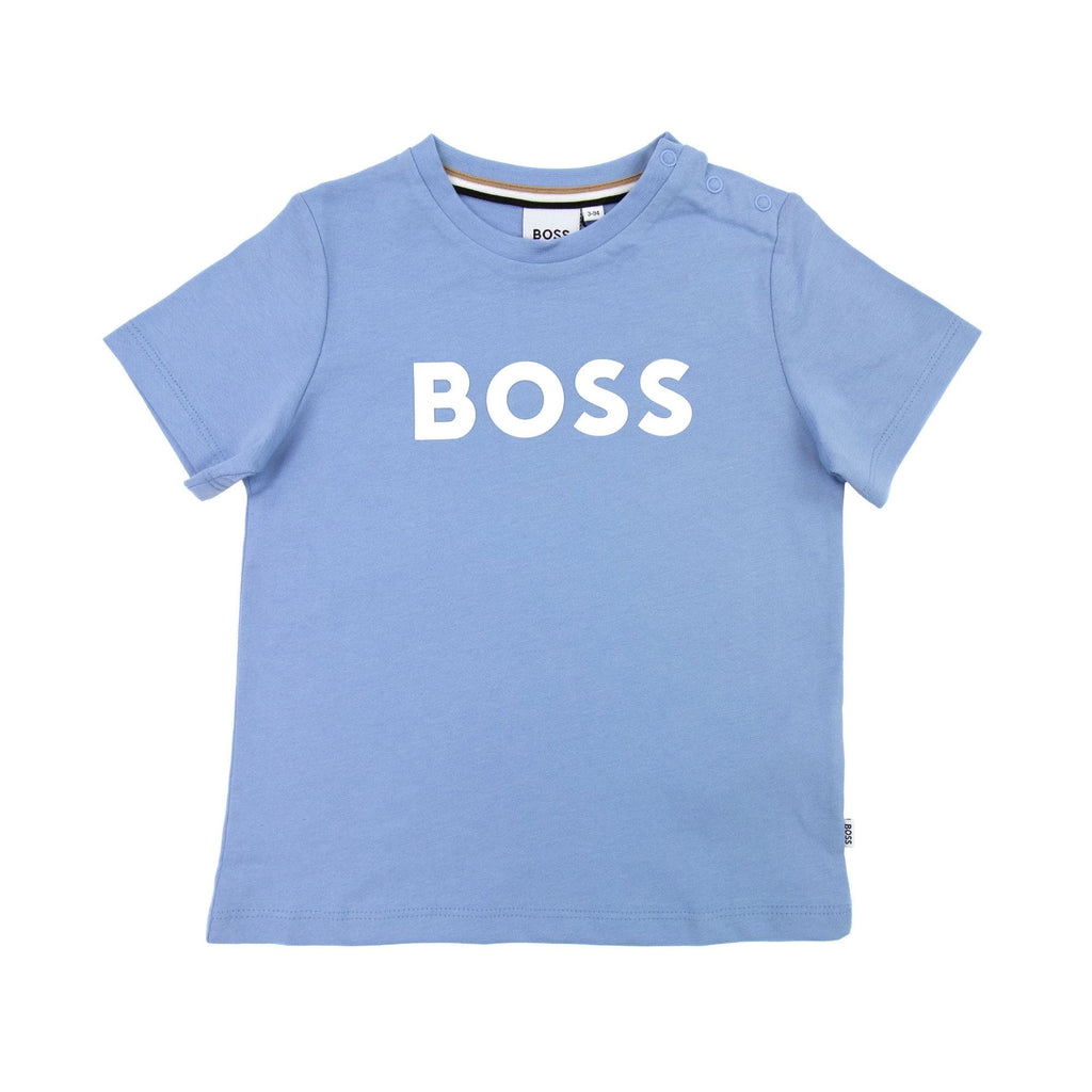 Hugo Boss Kids Snap Fastening Crewneck Logo T Shirt Pale Blue 77a