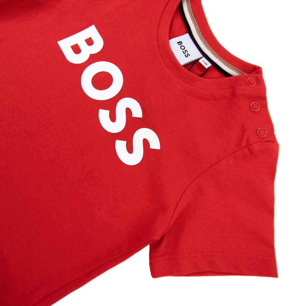 Hugo Boss Kids Snap Fastening Crewneck Logo T Shirt Red 991