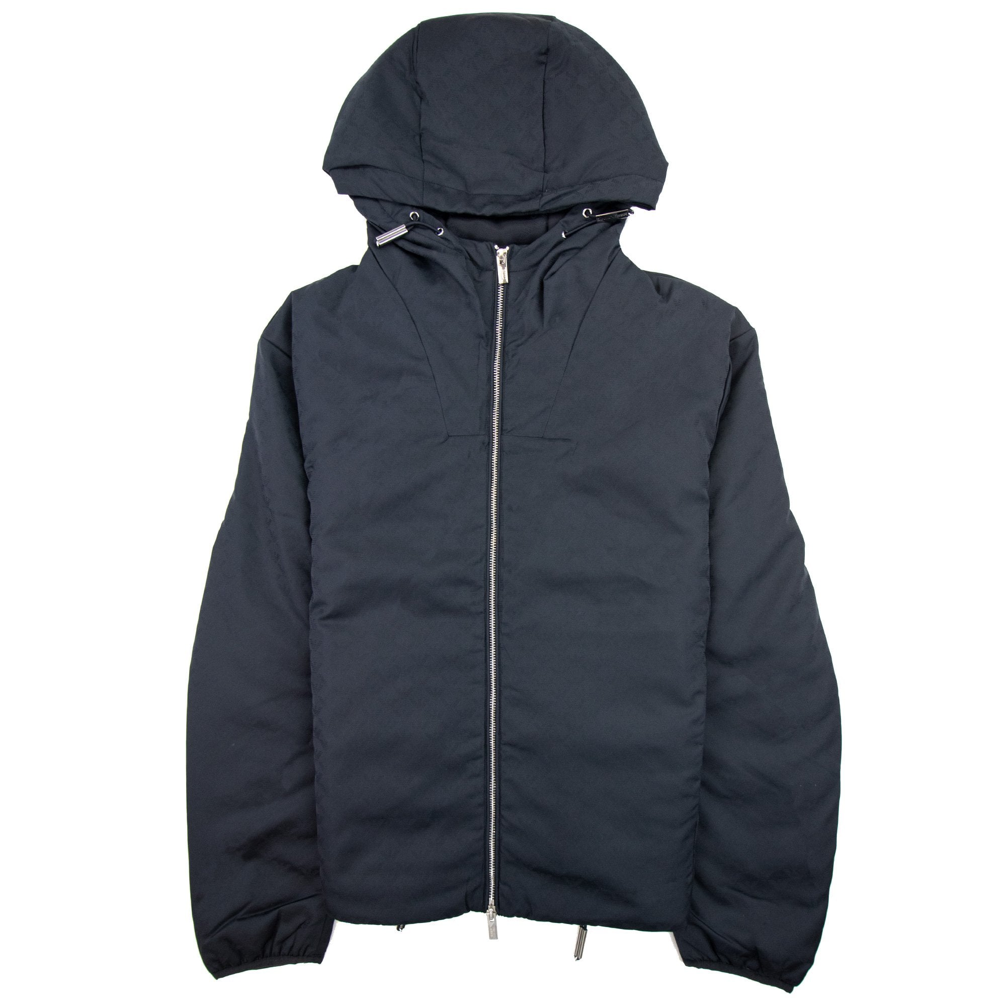 Emporio Armani Hooded Nylon Jacket With All-over Jacquard Monogram Navy