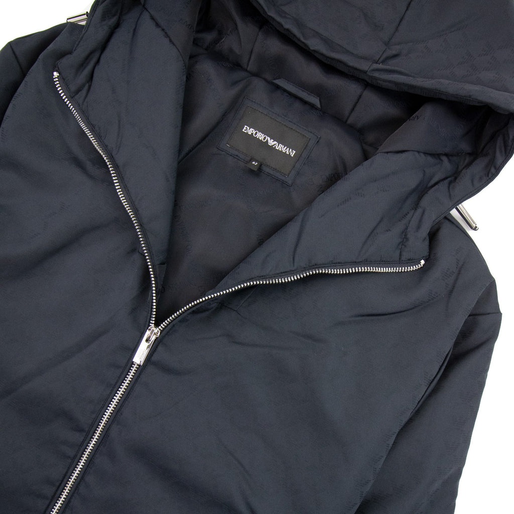 Emporio Armani Hooded Nylon Jacket With All-over Jacquard Monogram Navy