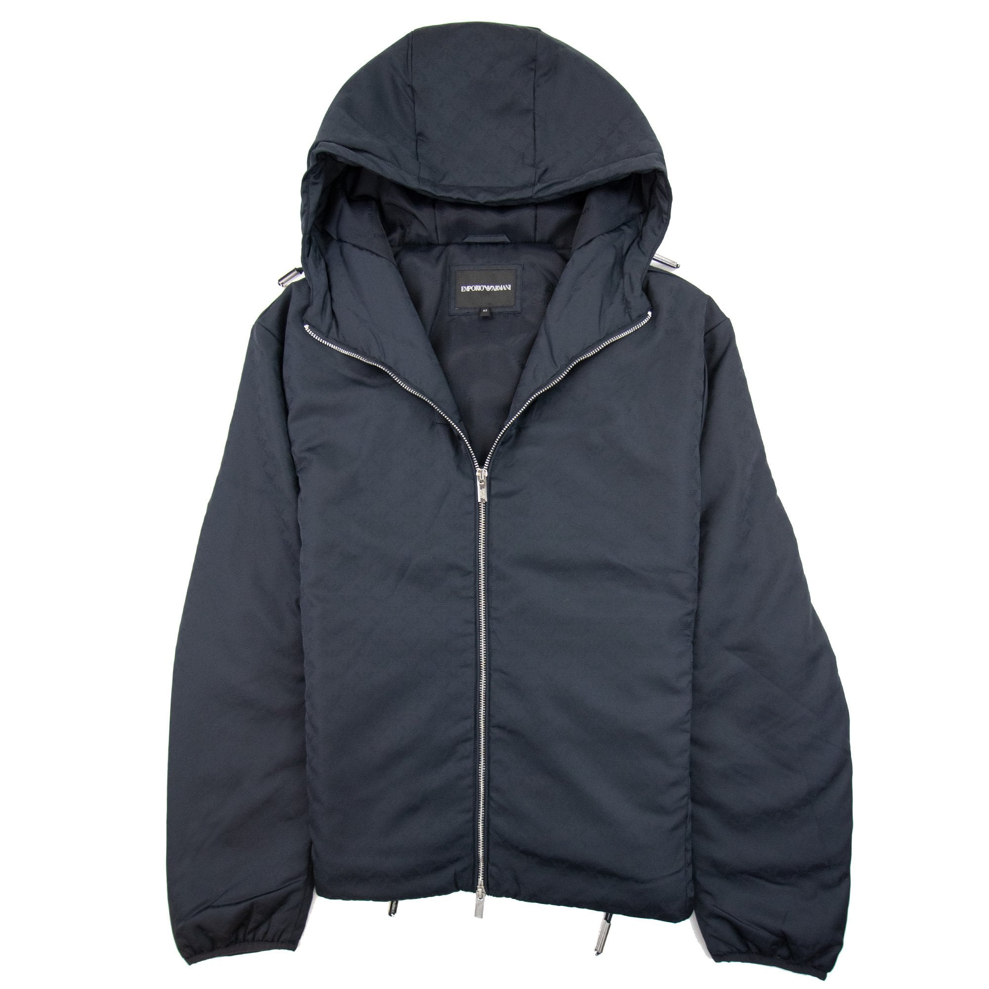 Emporio Armani Hooded Nylon Jacket With All-over Jacquard Monogram Navy