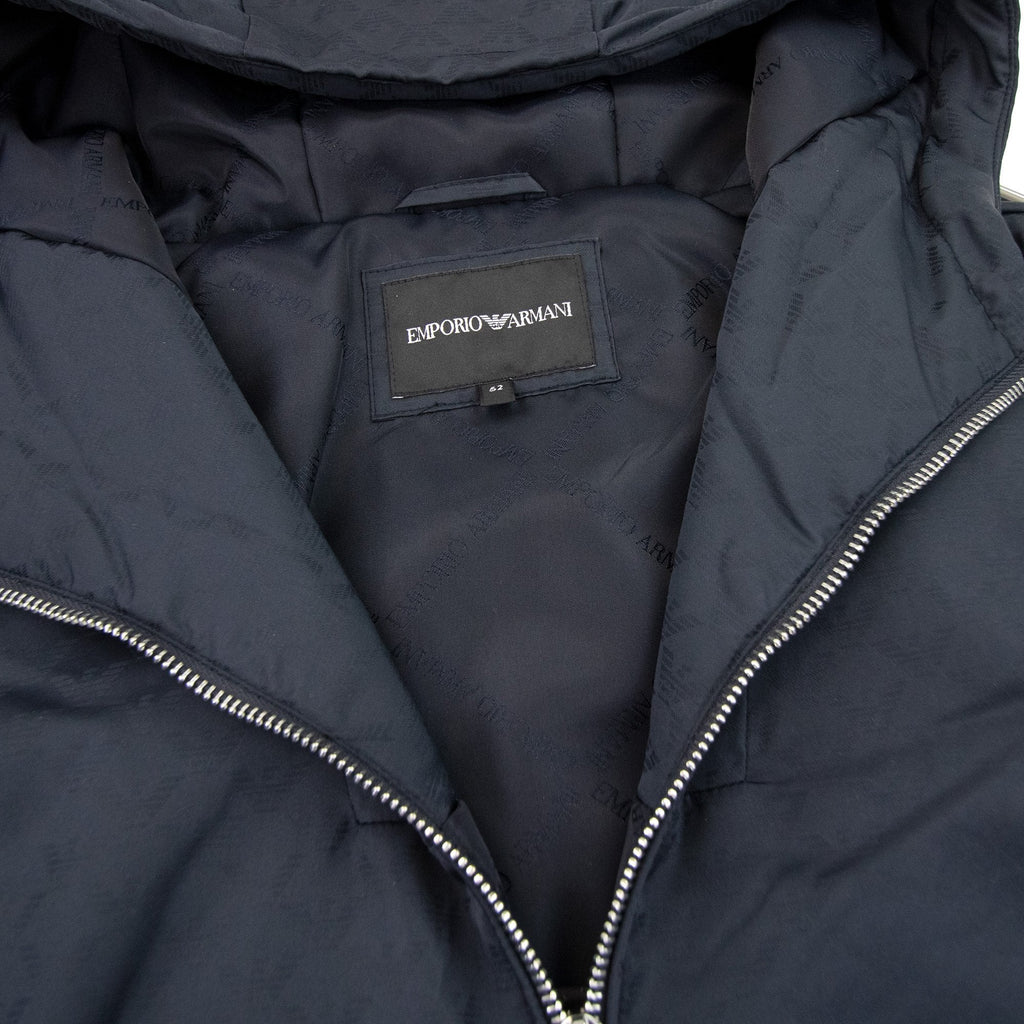 Emporio Armani Hooded Nylon Jacket With All-over Jacquard Monogram Navy