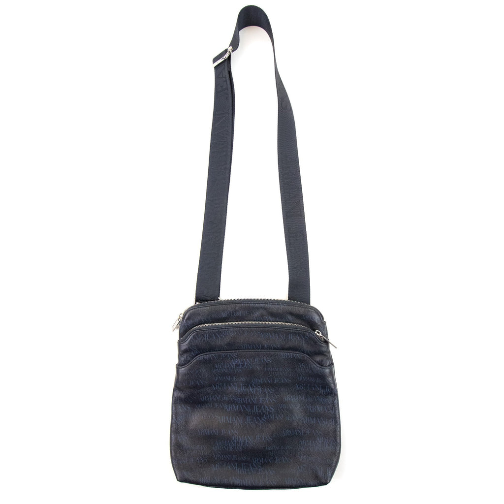 Armani Jeans All Over Print Logo Leather Crossbody Bag Navy