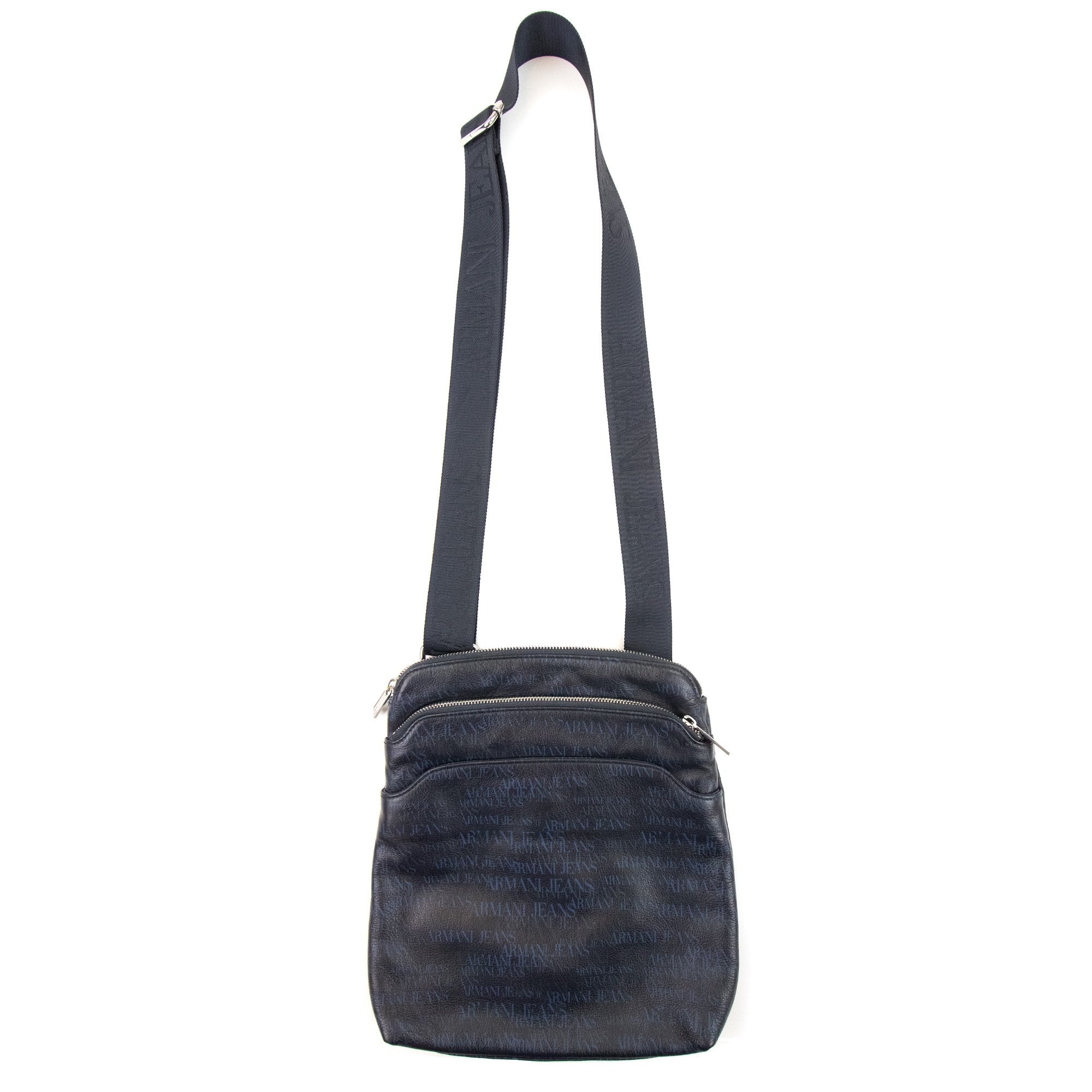 Armani Jeans All Over Print Logo Leather Crossbody Bag Navy