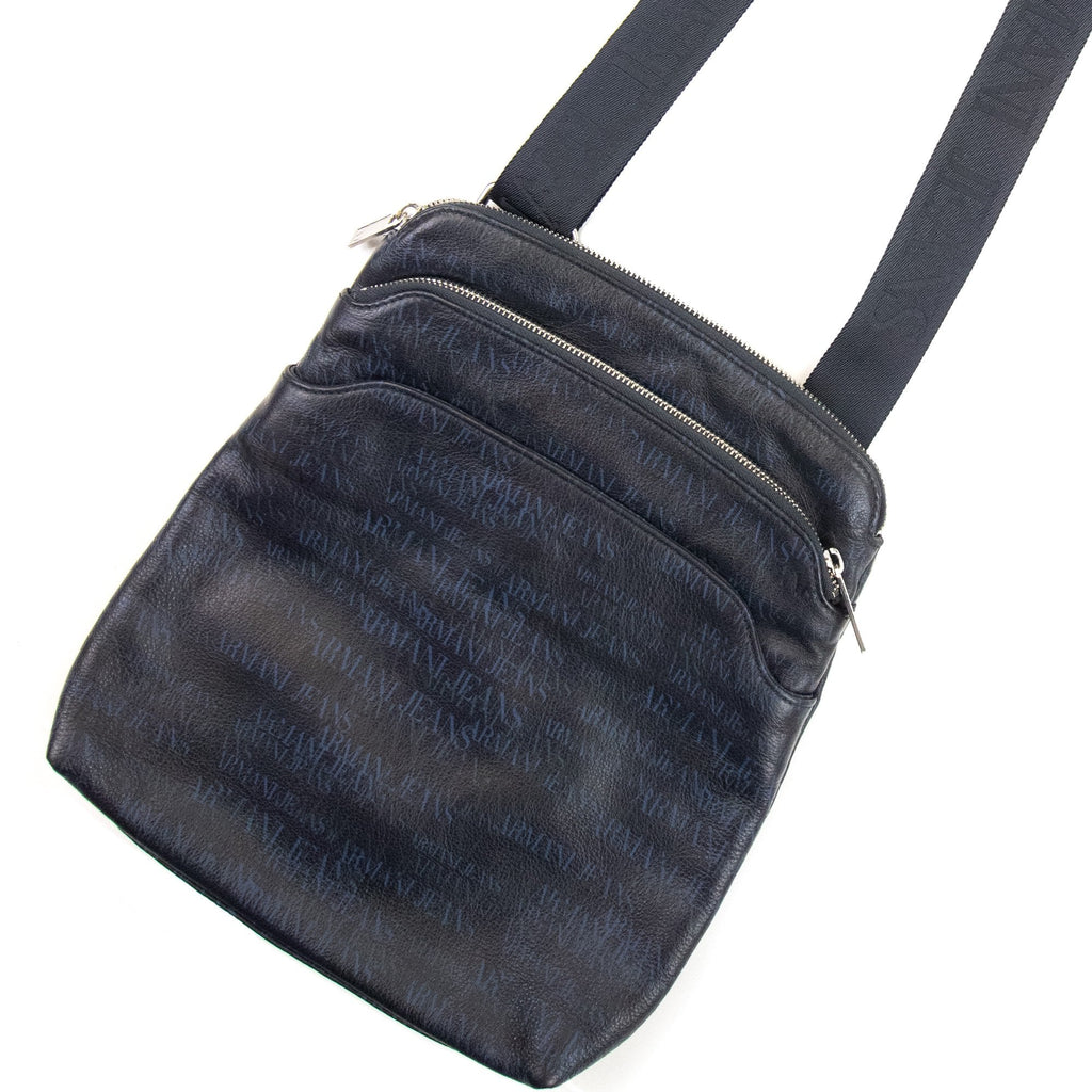 Armani Jeans All Over Print Logo Leather Crossbody Bag Navy