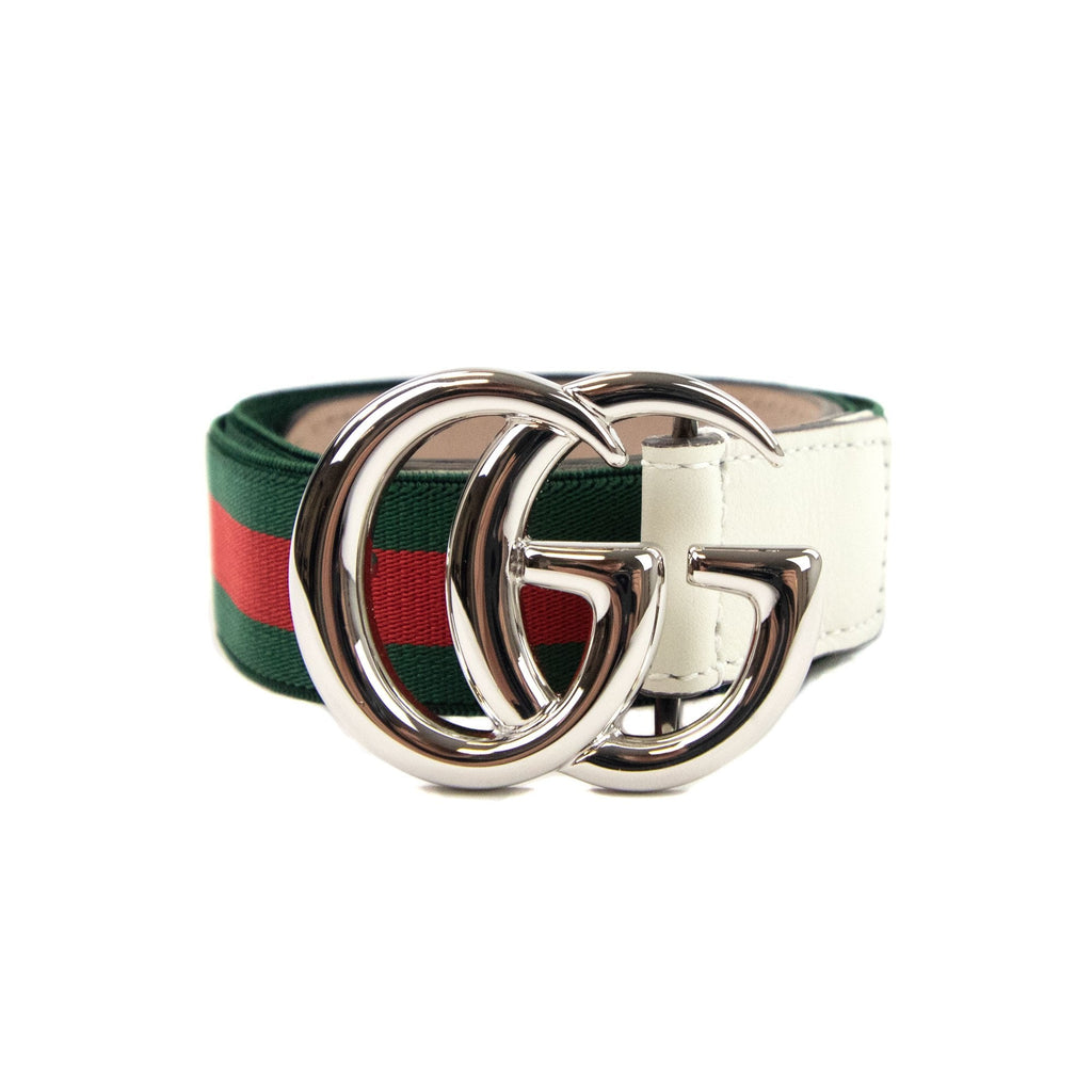 Gucci Junior Gg Silver Buckle Leather Belt Green/red