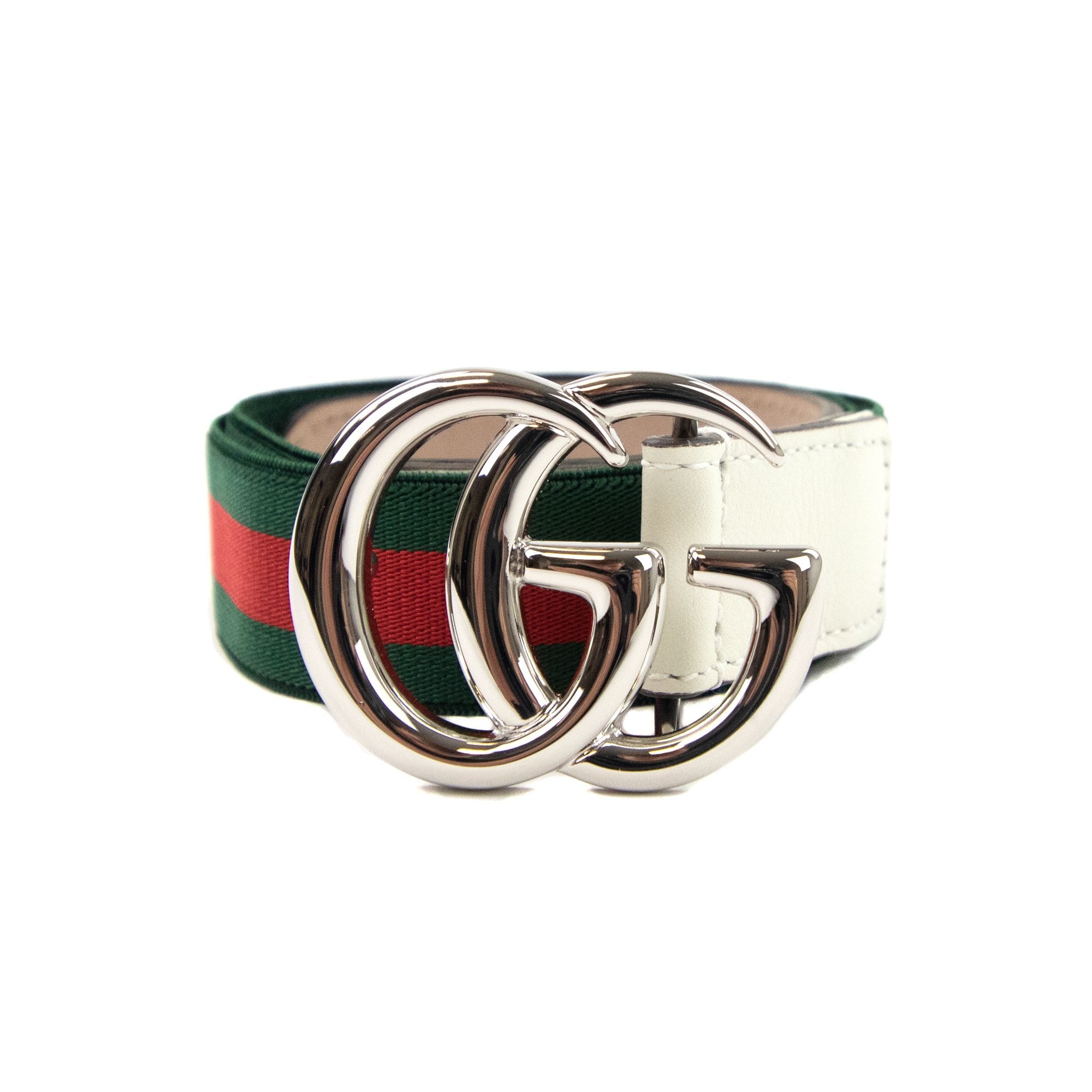Gucci Junior Gg Silver Buckle Leather Belt Green/red
