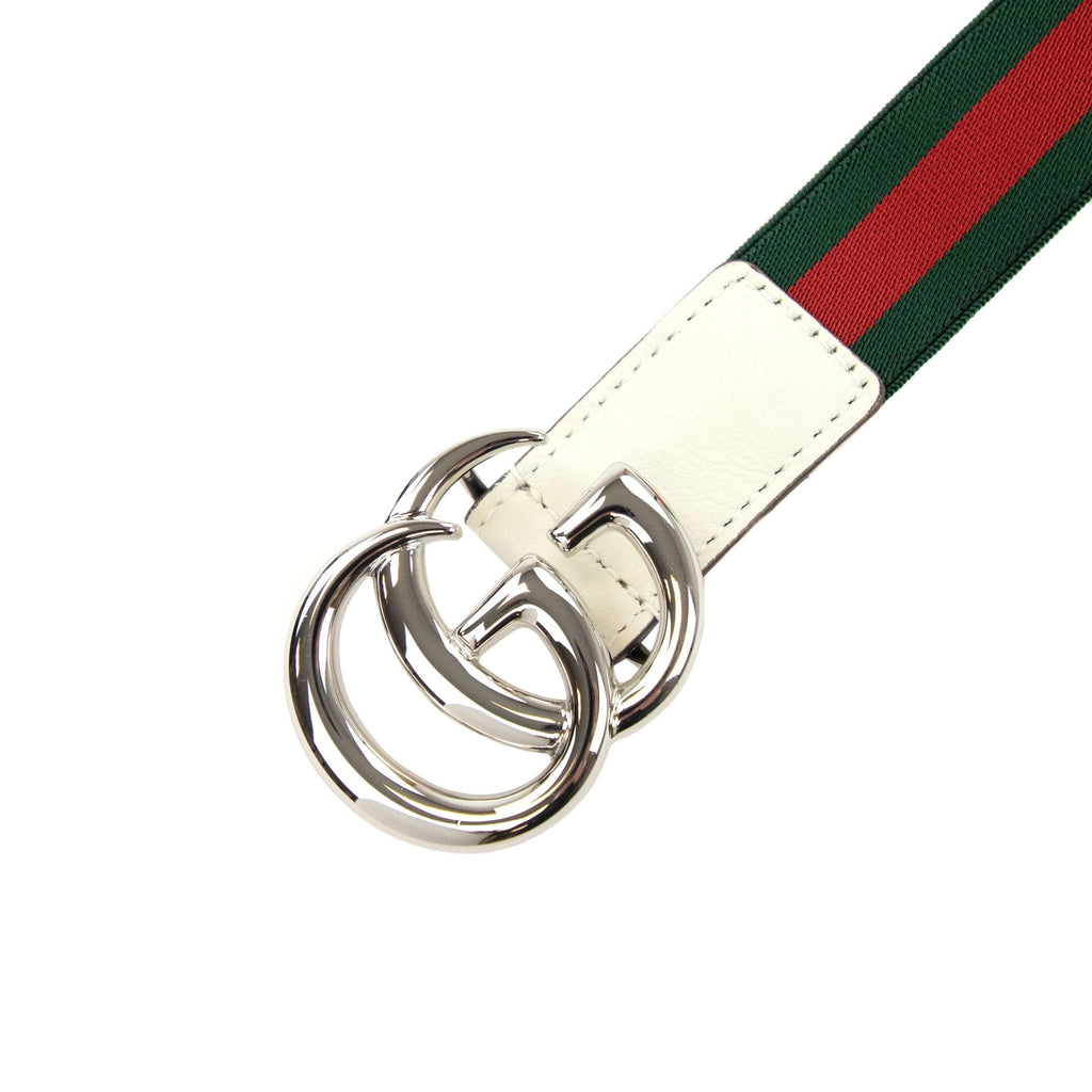 Gucci Junior Gg Silver Buckle Leather Belt Green/red