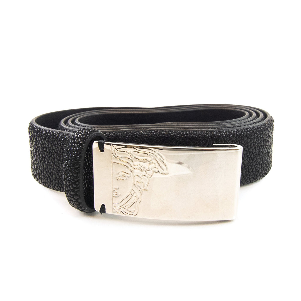 Versace Collection Medusa Clasp Saffiano Leather Belt Black
