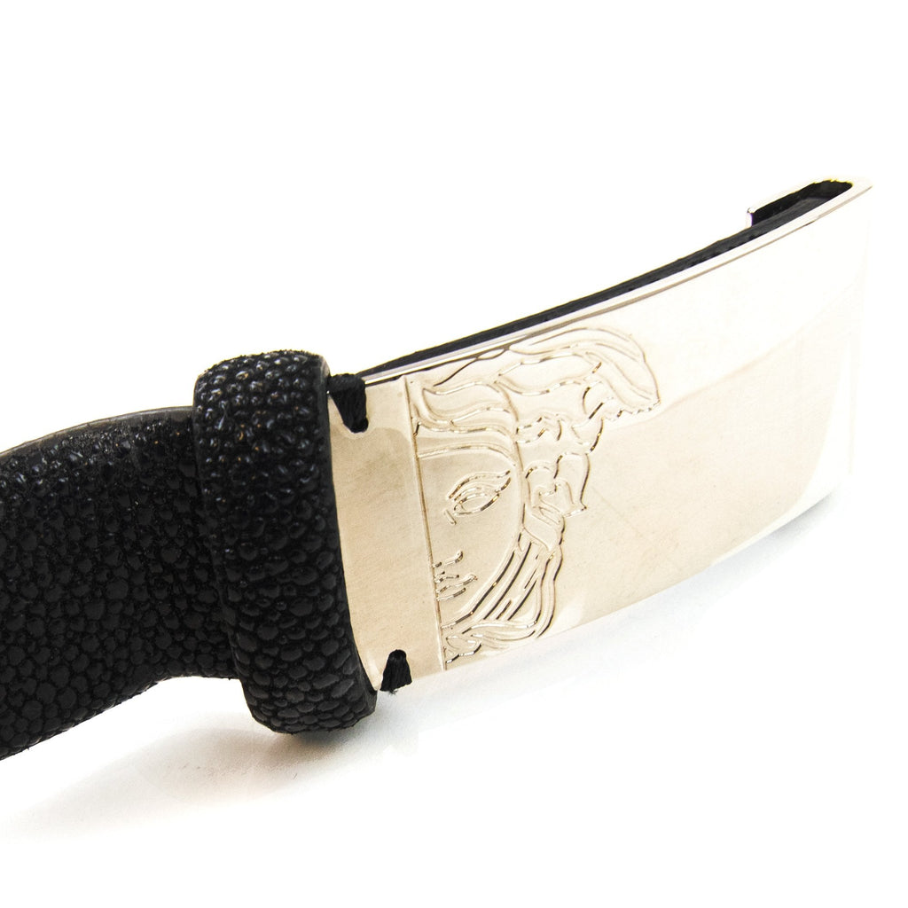 Versace Collection Medusa Clasp Saffiano Leather Belt Black