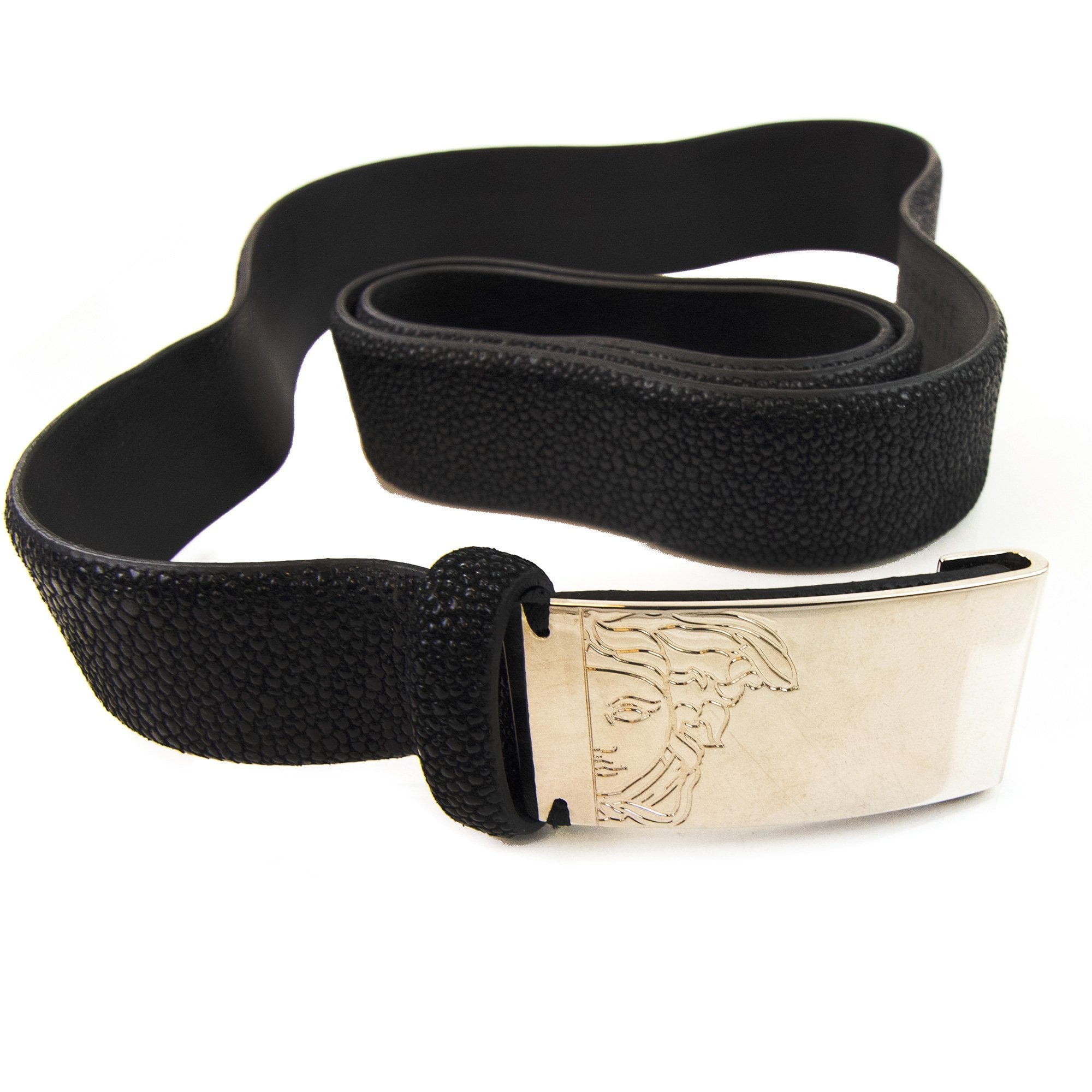 Versace Collection Medusa Clasp Saffiano Leather Belt Black