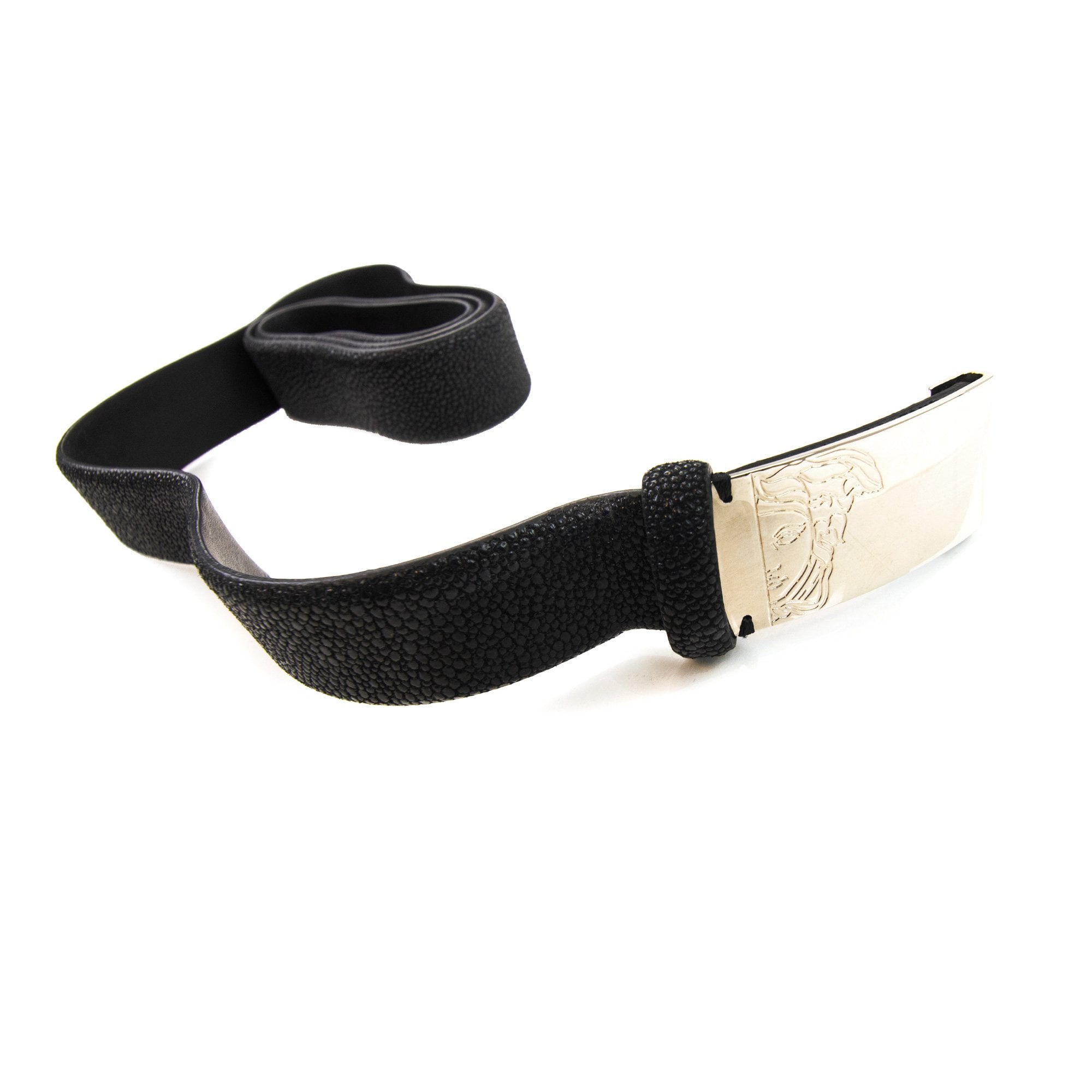 Versace Collection Medusa Clasp Saffiano Leather Belt Black