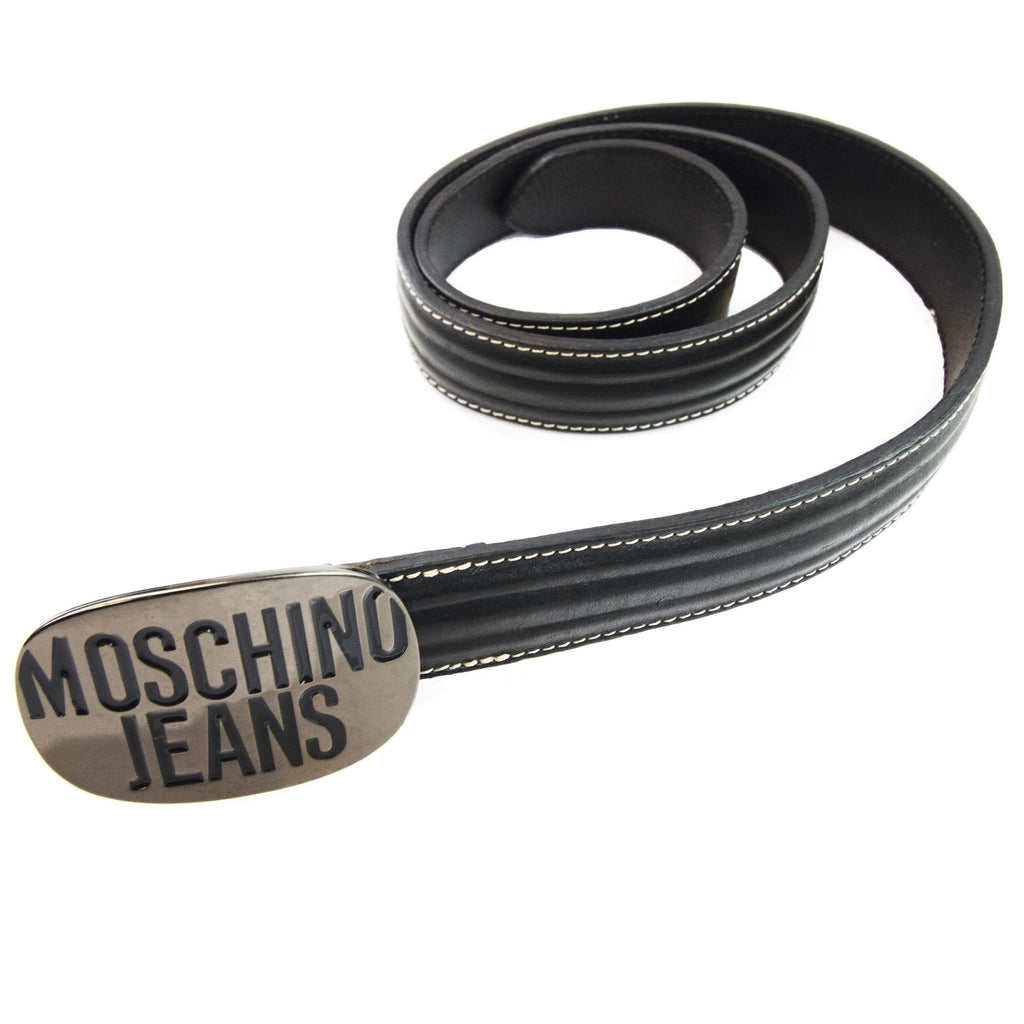 Moschino Embossed Circle Logo Leather Belt Black