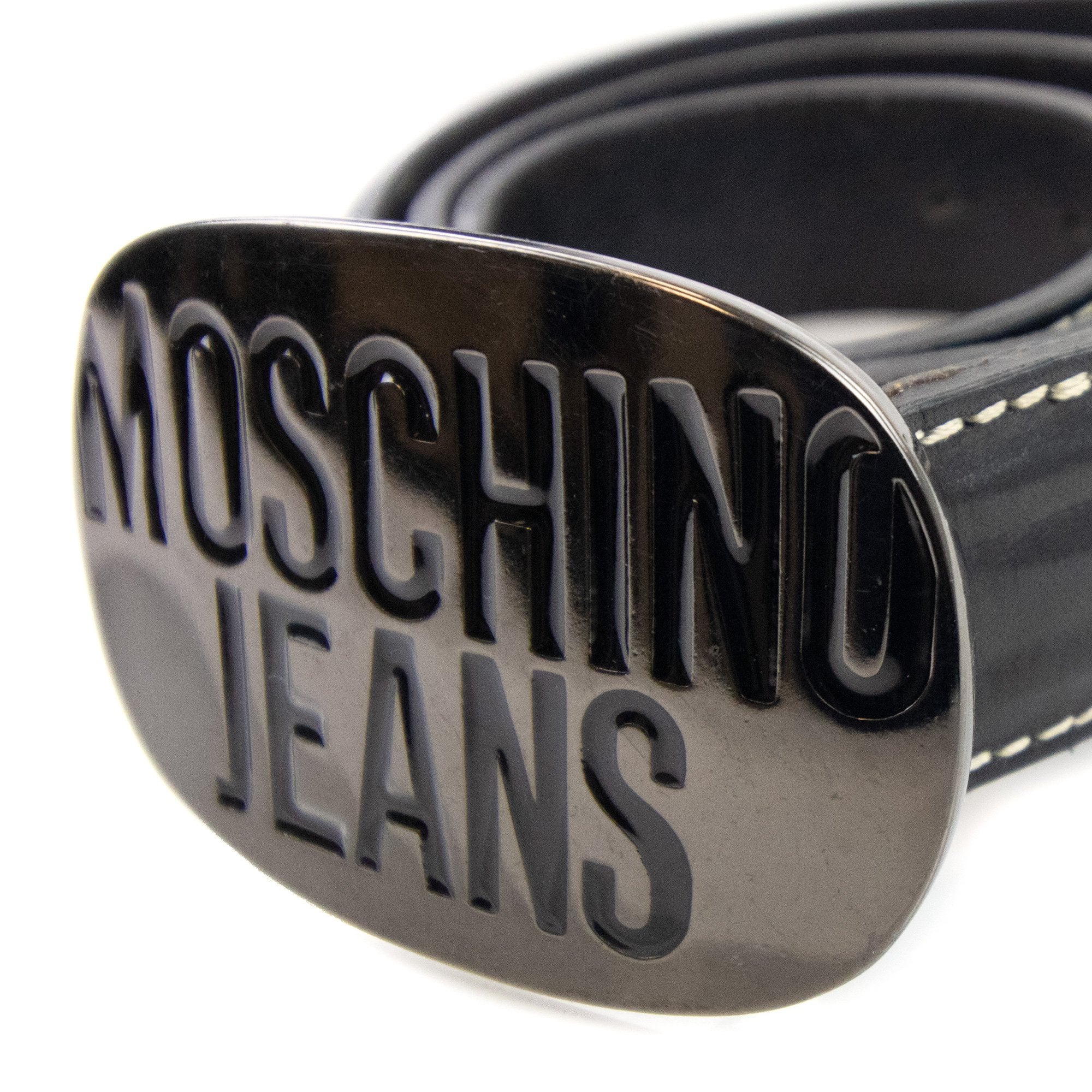 Moschino Embossed Circle Logo Leather Belt Black