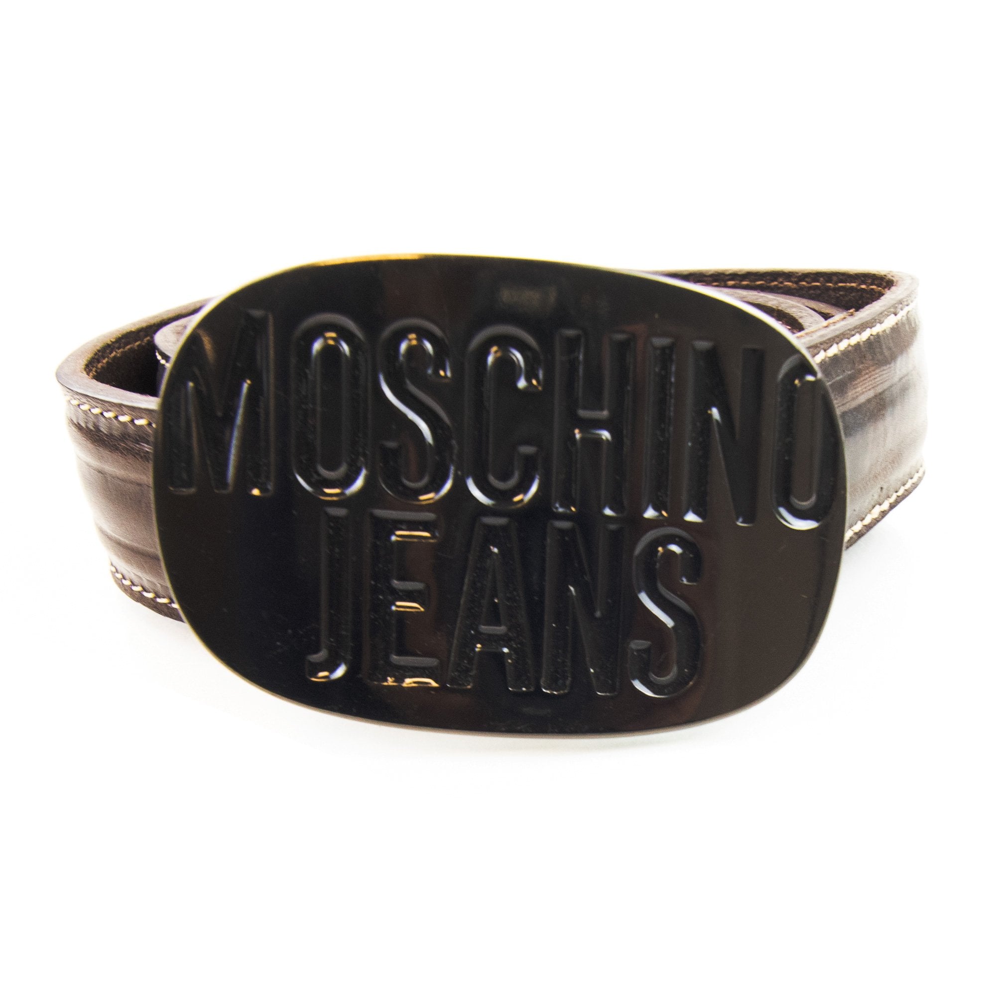 Moschino Embossed Circle Logo Leather Belt Brown