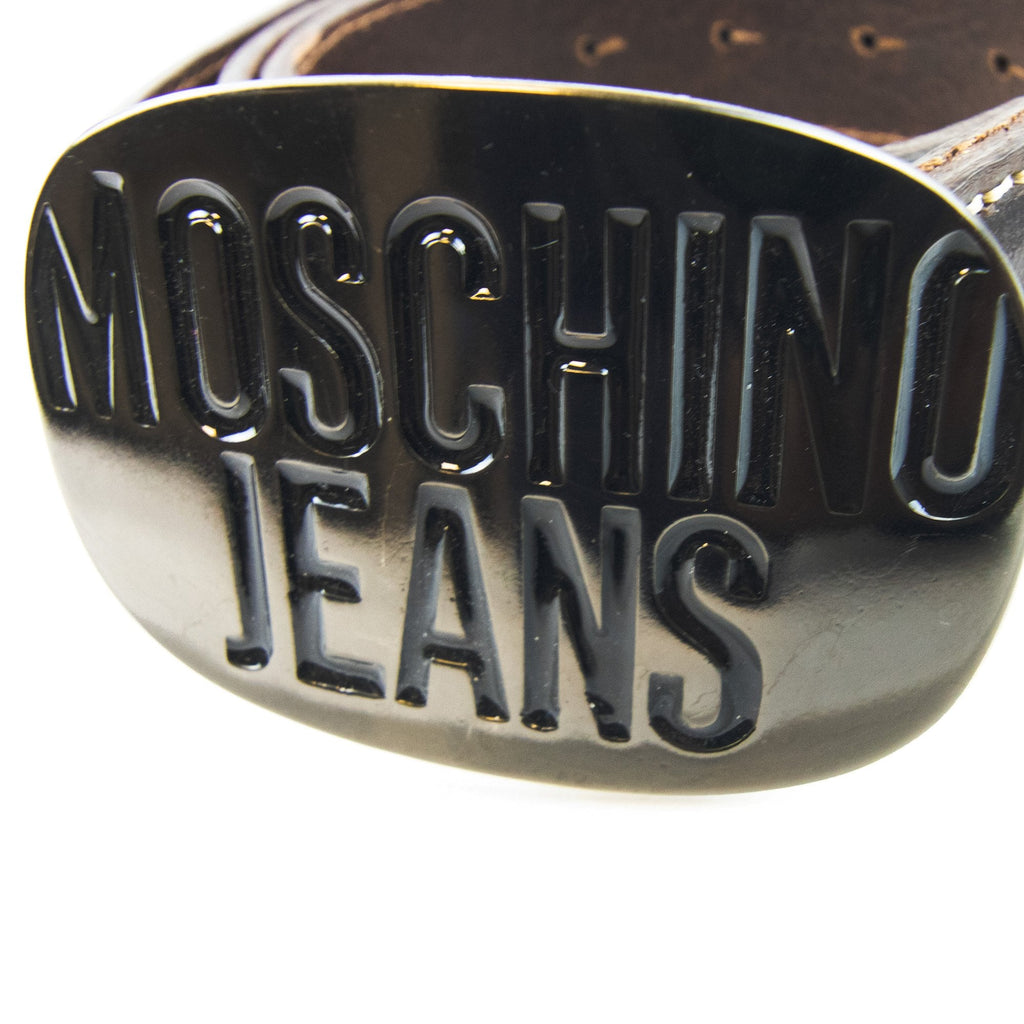 Moschino Embossed Circle Logo Leather Belt Brown